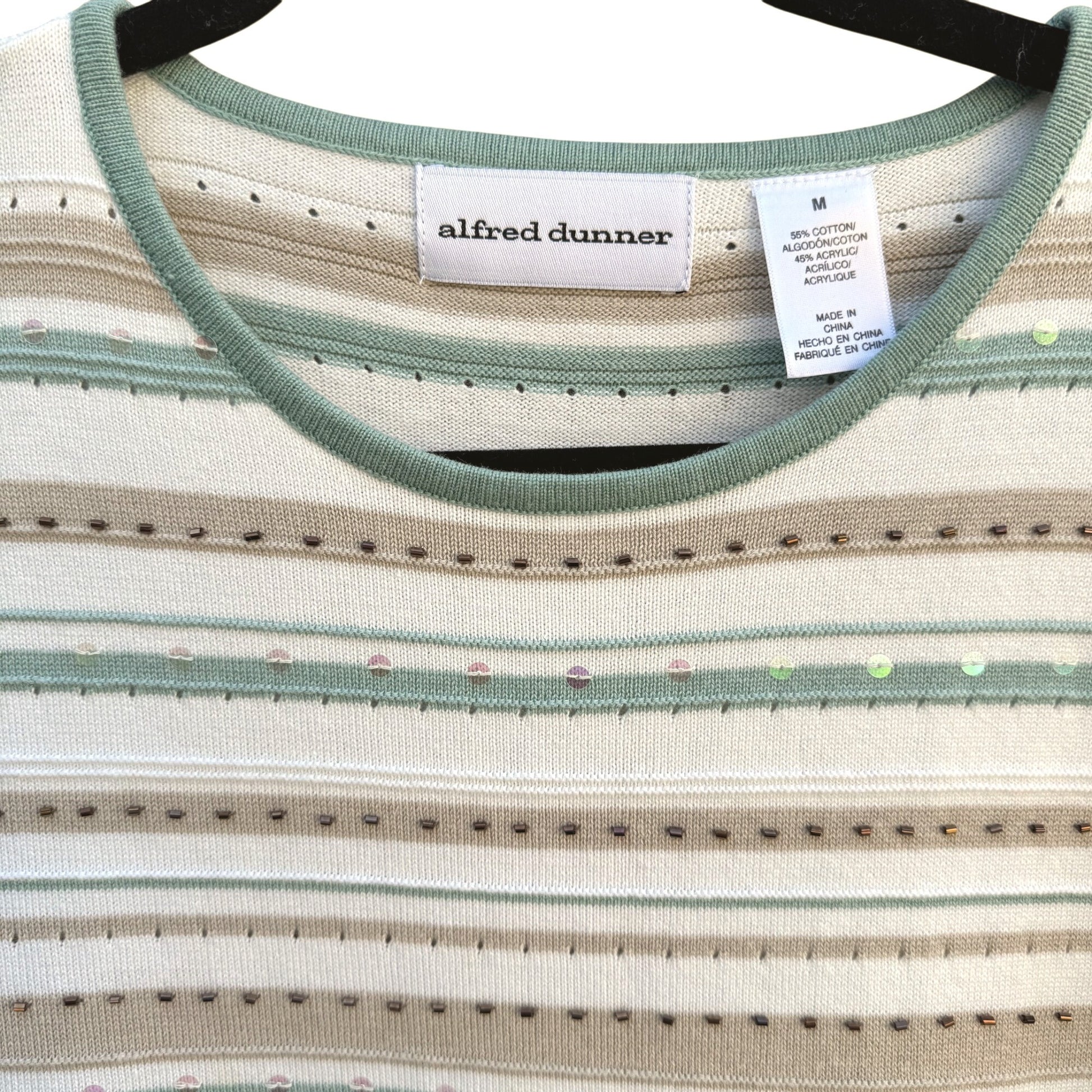 Alfred Dunner Womens Striped Beaded Sequin Knit Sweater M Green/Brown 3/4 Sleeve
