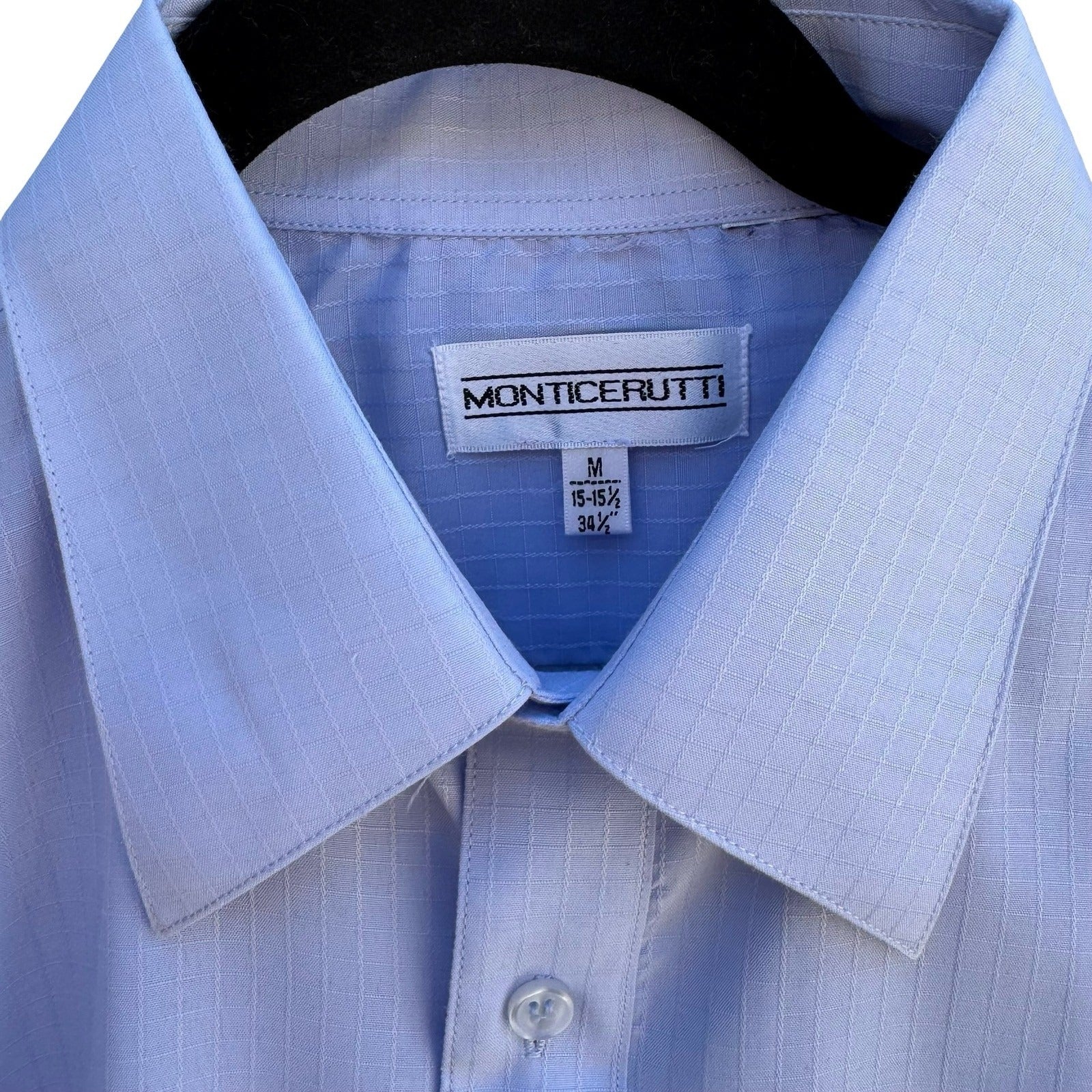 Monticerutti Preppy Minimalist Textured Grid Dress Shirt Pastel Blue Deadstock M