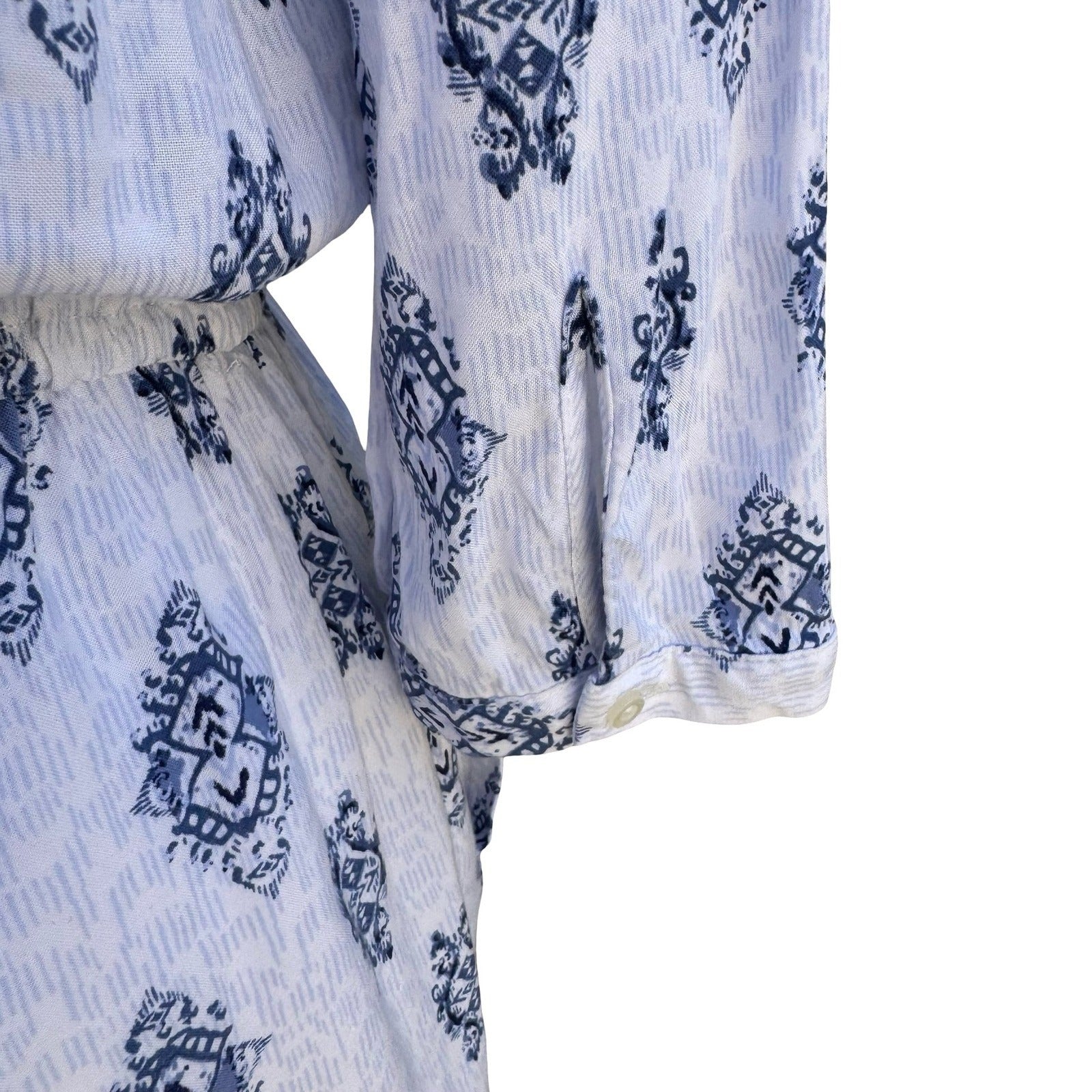 Hollister Blue White Ikat Medallion Button Up Romper S Drawstring Waist Pockets