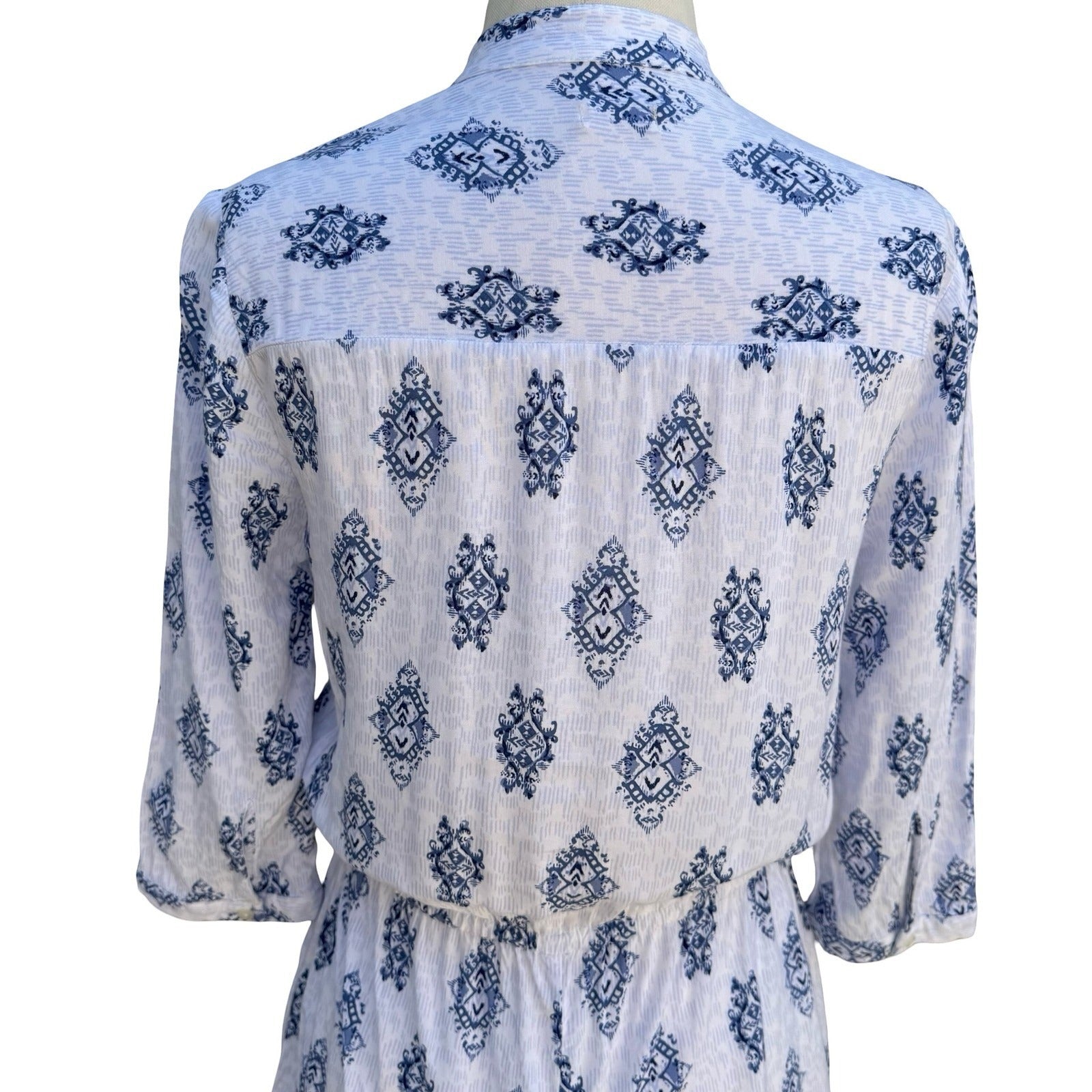 Hollister Blue White Ikat Medallion Button Up Romper S Drawstring Waist Pockets