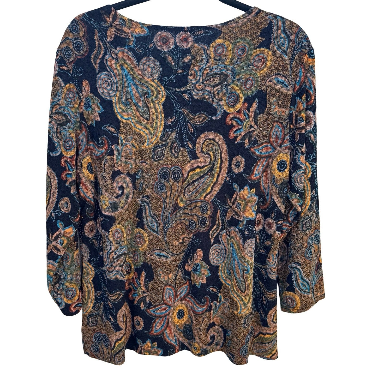 Womens Textured Knit 3/4 Sleeve Paisley Floral Scoop Neck Top Multicolor Boho