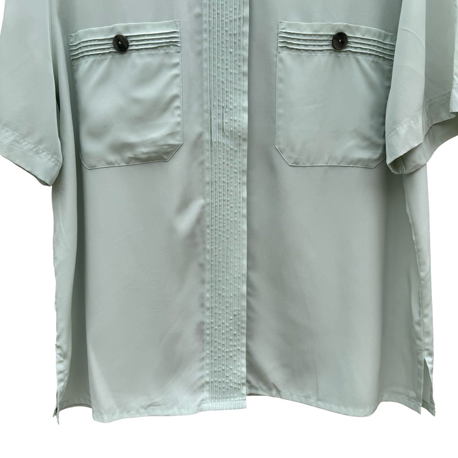 Mario Rosella Pastel Green Pleated Short Sleeve Blouse Collarless Minimalist
