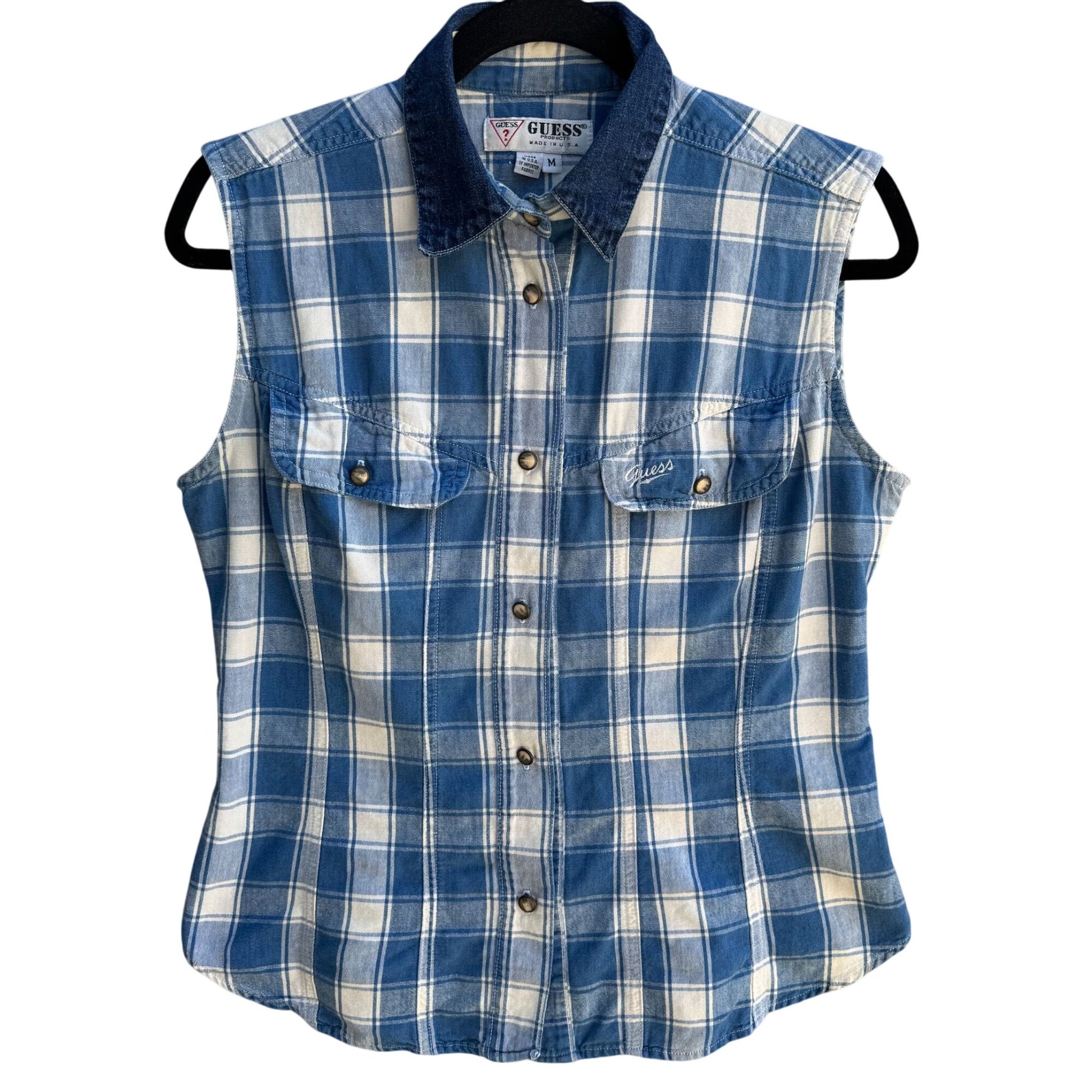 Guess Vintage 90s Womens Blue Plaid Sleeveless Denim Collar Button-Up Shirt M