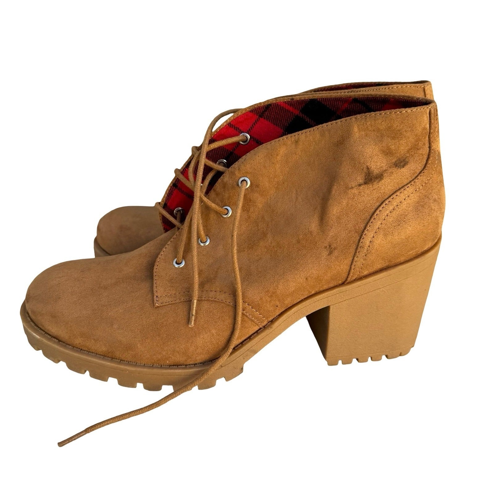American Rag Reaghan Hiker Boots Tan Faux Suede Plaid Lining Womens 10M Lug Sole