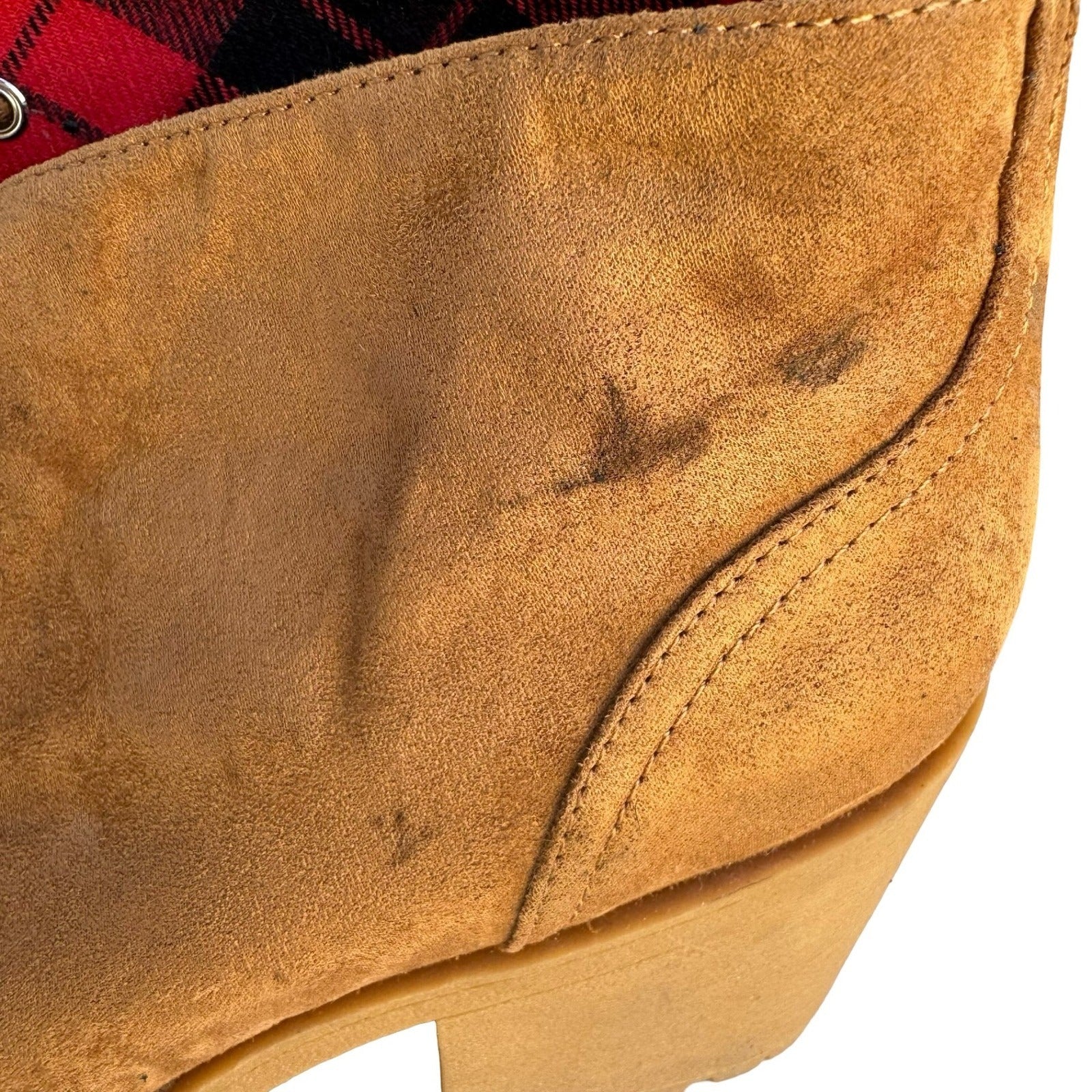 American Rag Reaghan Hiker Boots Tan Faux Suede Plaid Lining Womens 10M Lug Sole