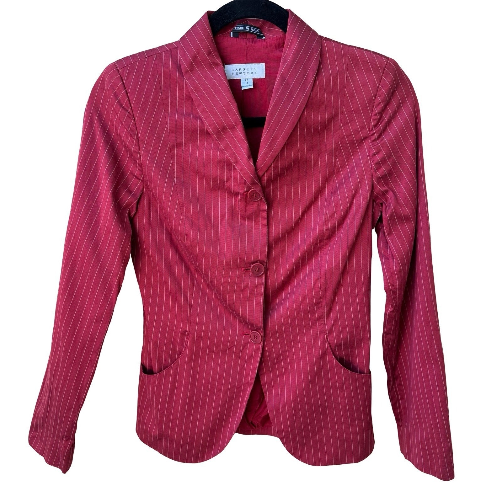 Barneys New York Vintage 90s Red Pinstripe Italian Cotton Silk Blazer Jacket 4