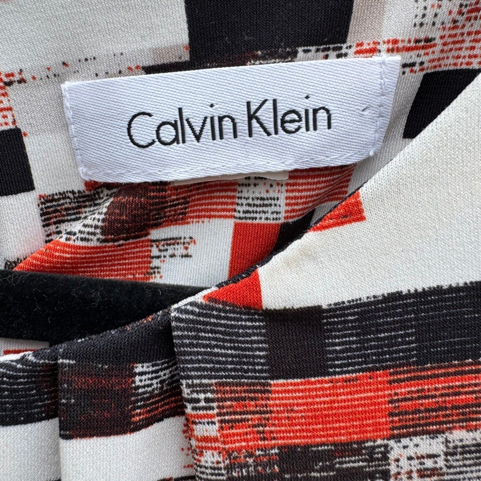 Calvin Klein Womens Sleeveless Pleat Neck Shell Top Geometric Print Black Red L
