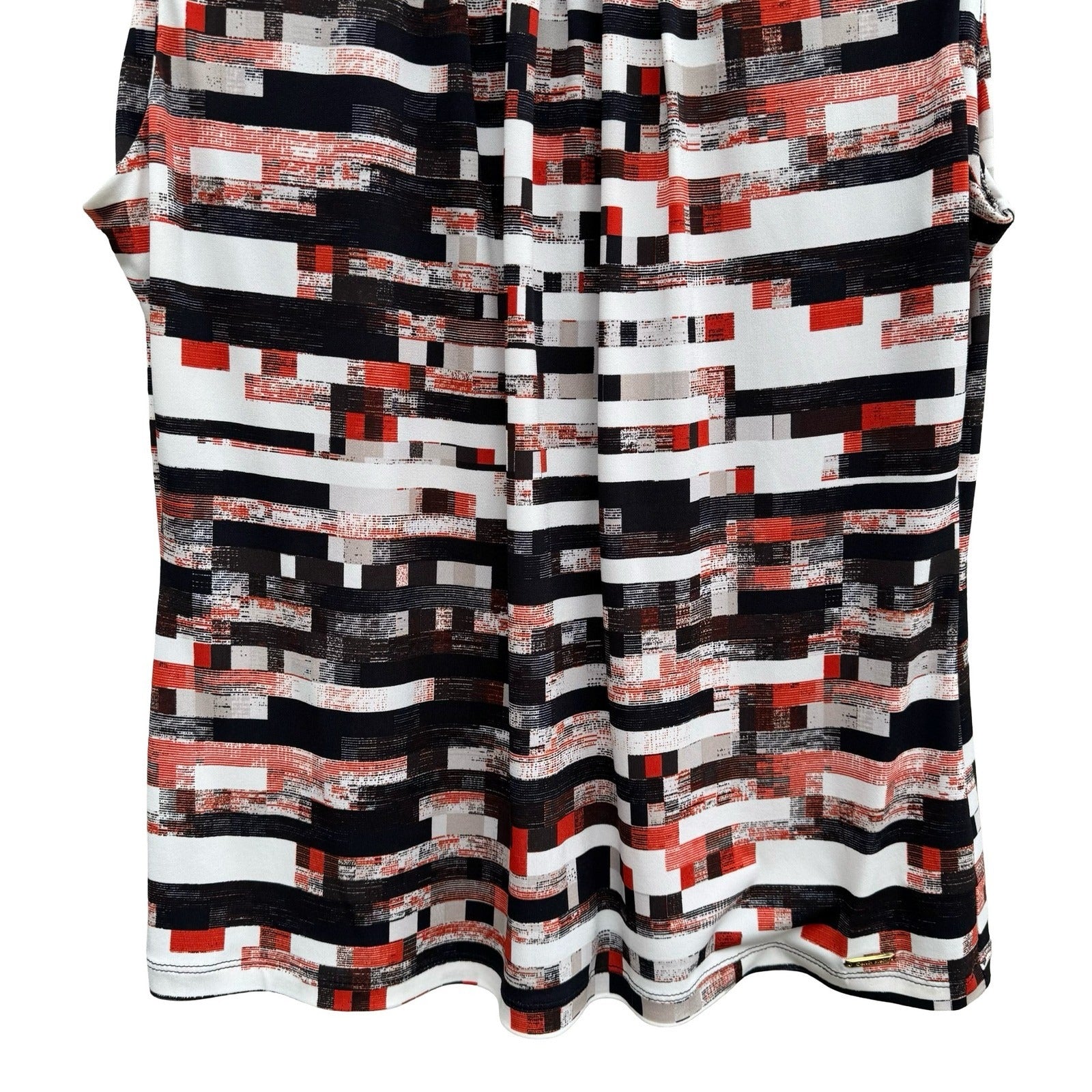 Calvin Klein Womens Sleeveless Pleat Neck Shell Top Geometric Print Black Red L