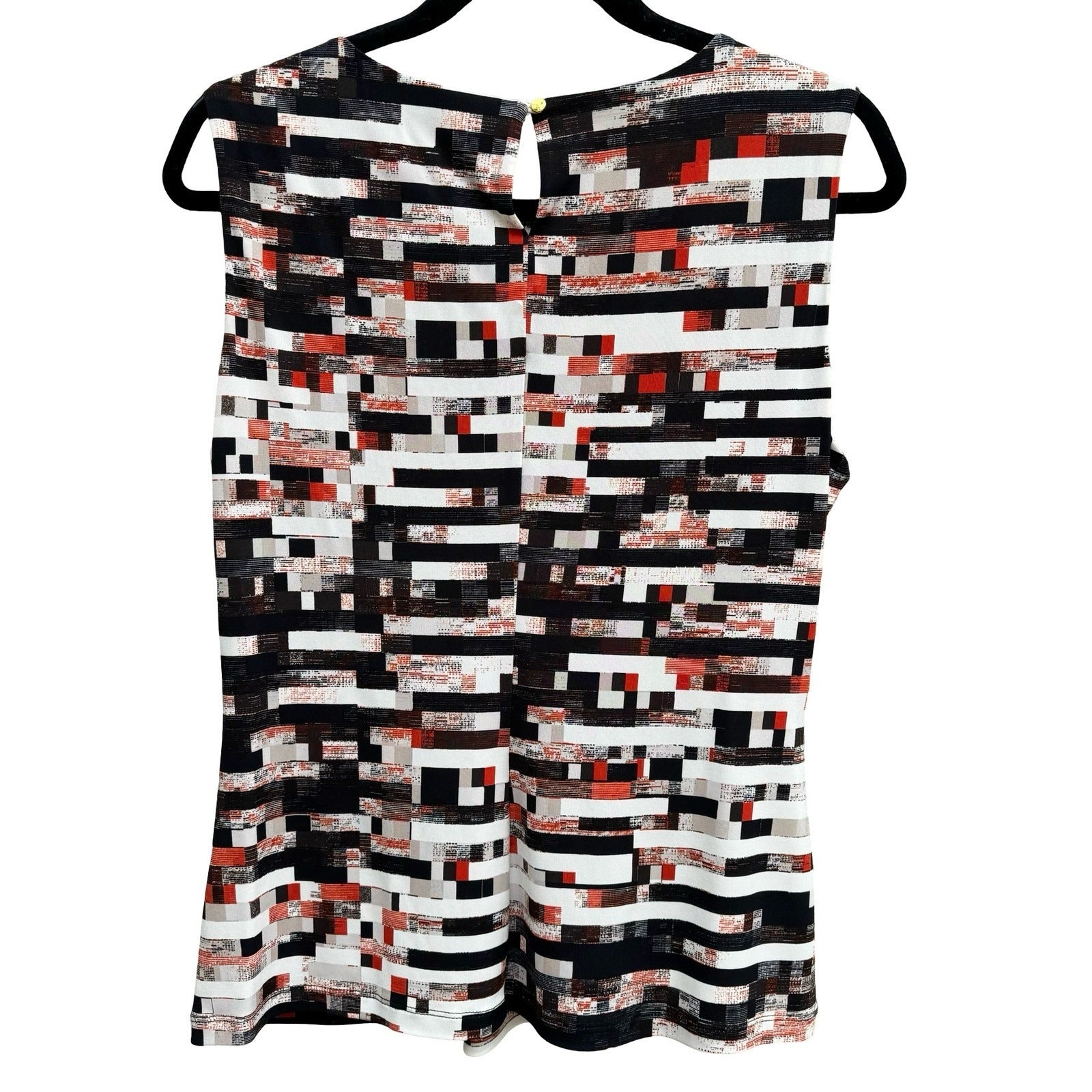 Calvin Klein Womens Sleeveless Pleat Neck Shell Top Geometric Print Black Red L