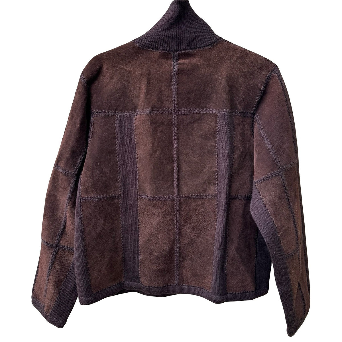 Suede Essentials Boho Western Earthy Patchwork Mock Neck Zip Jacket Brown L