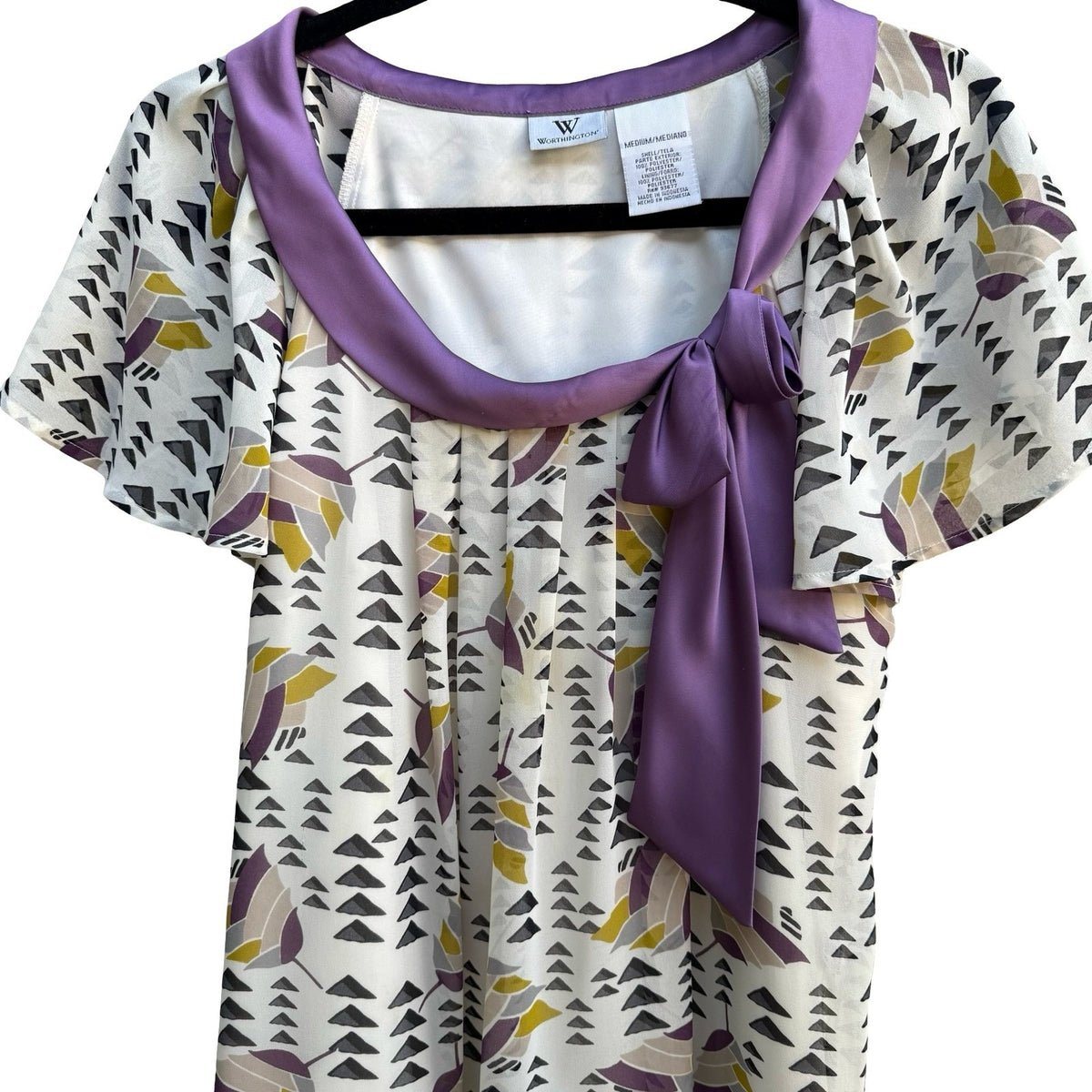 Worthington Whimsigoth Flowy Geometric Bow Neck Flutter Sleeve Blouse Purple M