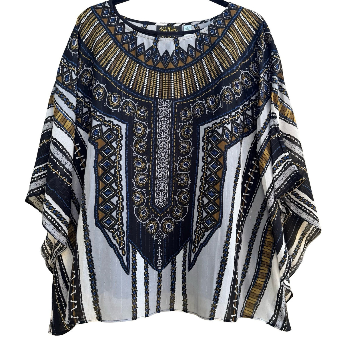 Bob Mackie Wearable Art Flowy Resortwear Poncho Kimono Top Set Tribal Print L