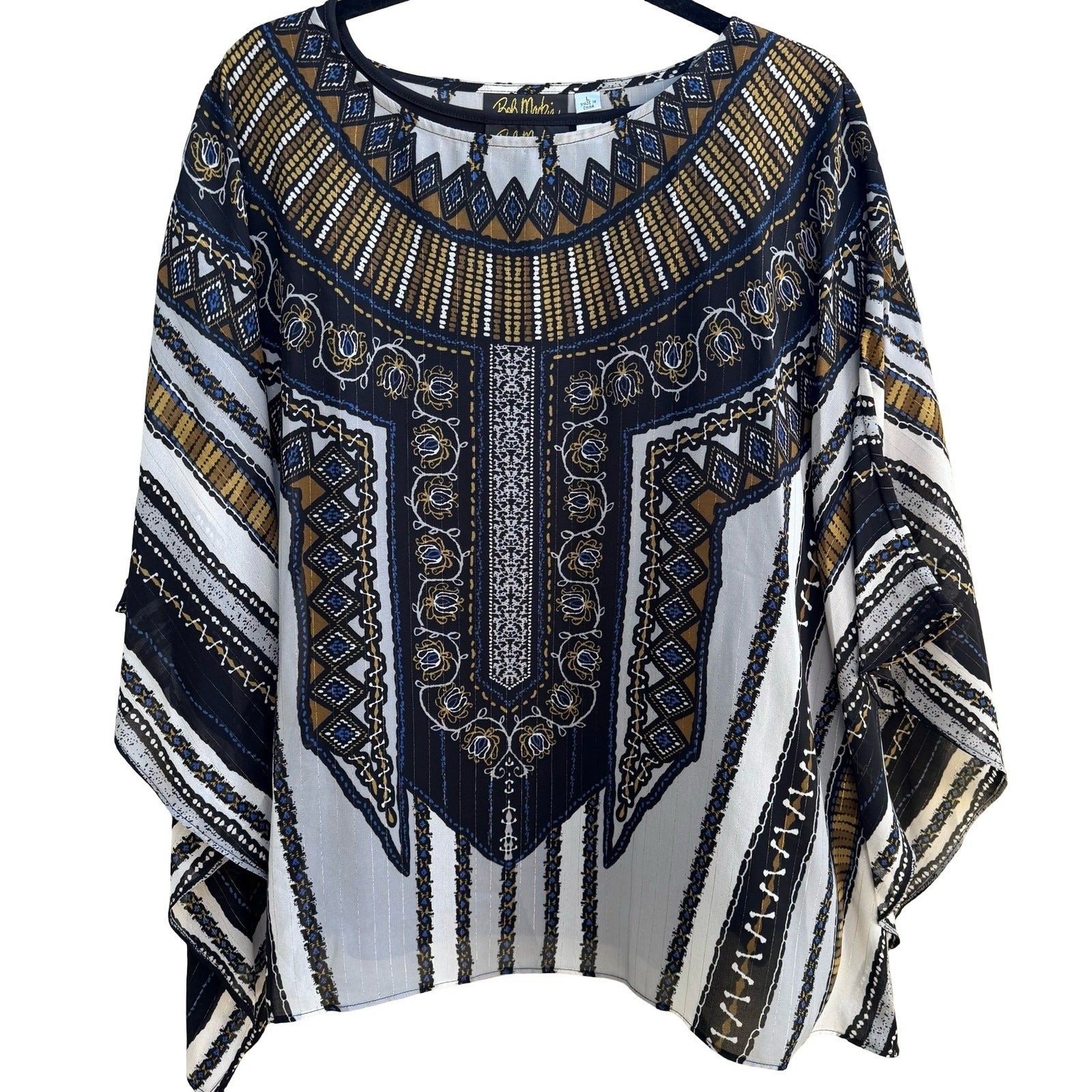 Bob Mackie Wearable Art Flowy Resortwear Poncho Kimono Top Set Tribal Print L