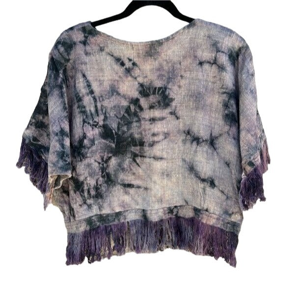 Skill Sparrow Vintage Heavy Linen Purple Batik Fringe Cropped Dolman Sleeve Top