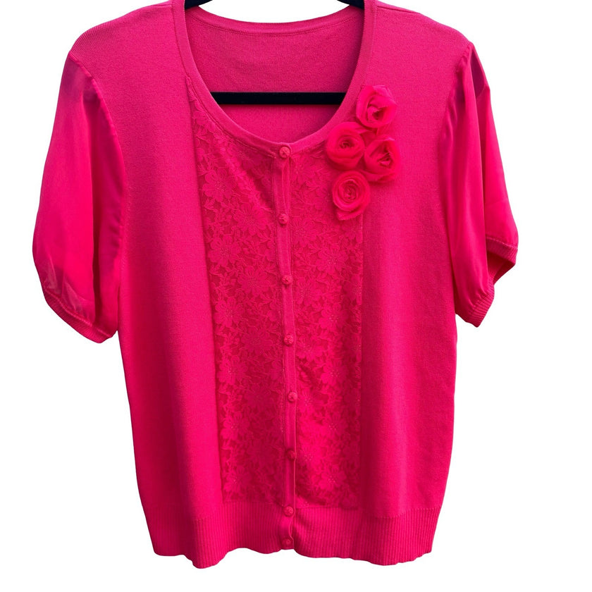 Coquette Lace Rosette Barbiecore Romantic Chiffon Puff Sleeve Cardigan Pink L