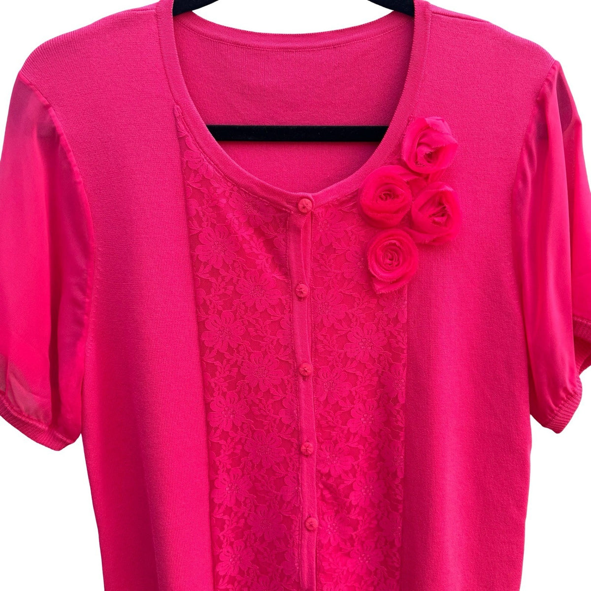 Coquette Lace Rosette Barbiecore Romantic Chiffon Puff Sleeve Cardigan Pink L