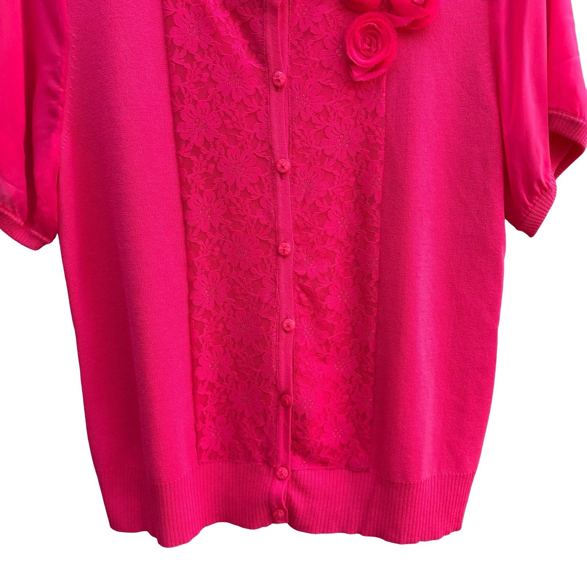 Coquette Lace Rosette Barbiecore Romantic Chiffon Puff Sleeve Cardigan Pink L