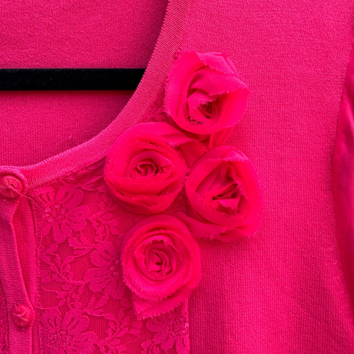 Coquette Lace Rosette Barbiecore Romantic Chiffon Puff Sleeve Cardigan Pink L