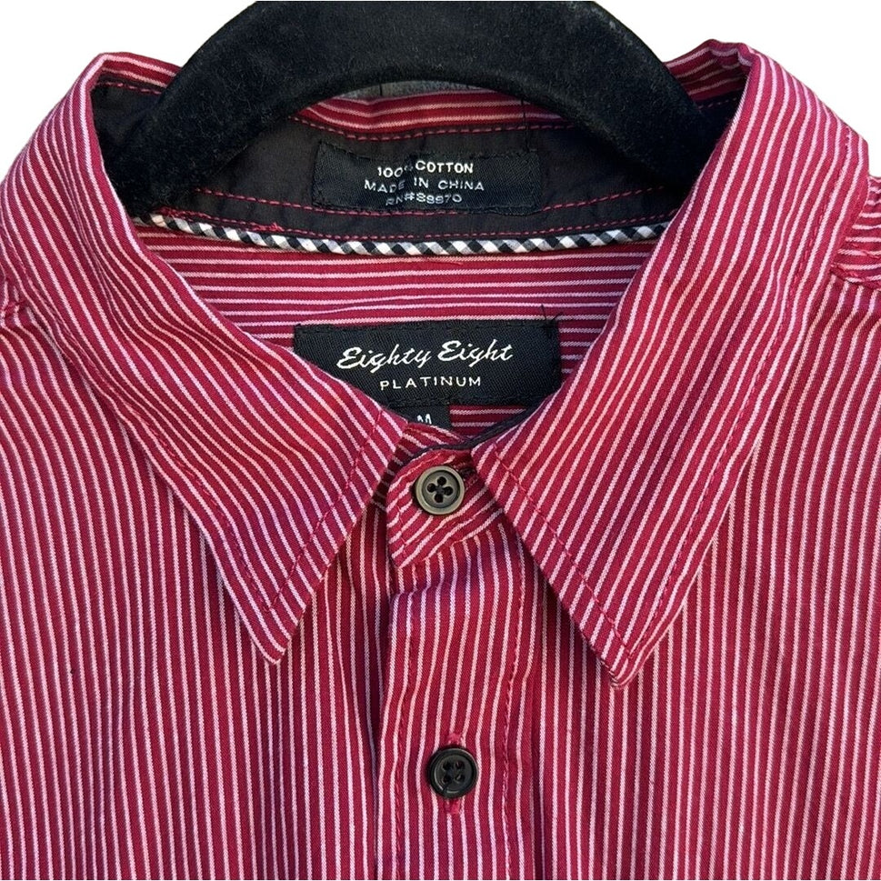 Eighty Eight Platinum Men's Red & White Striped Button-Up Cotton Shirt - Medium