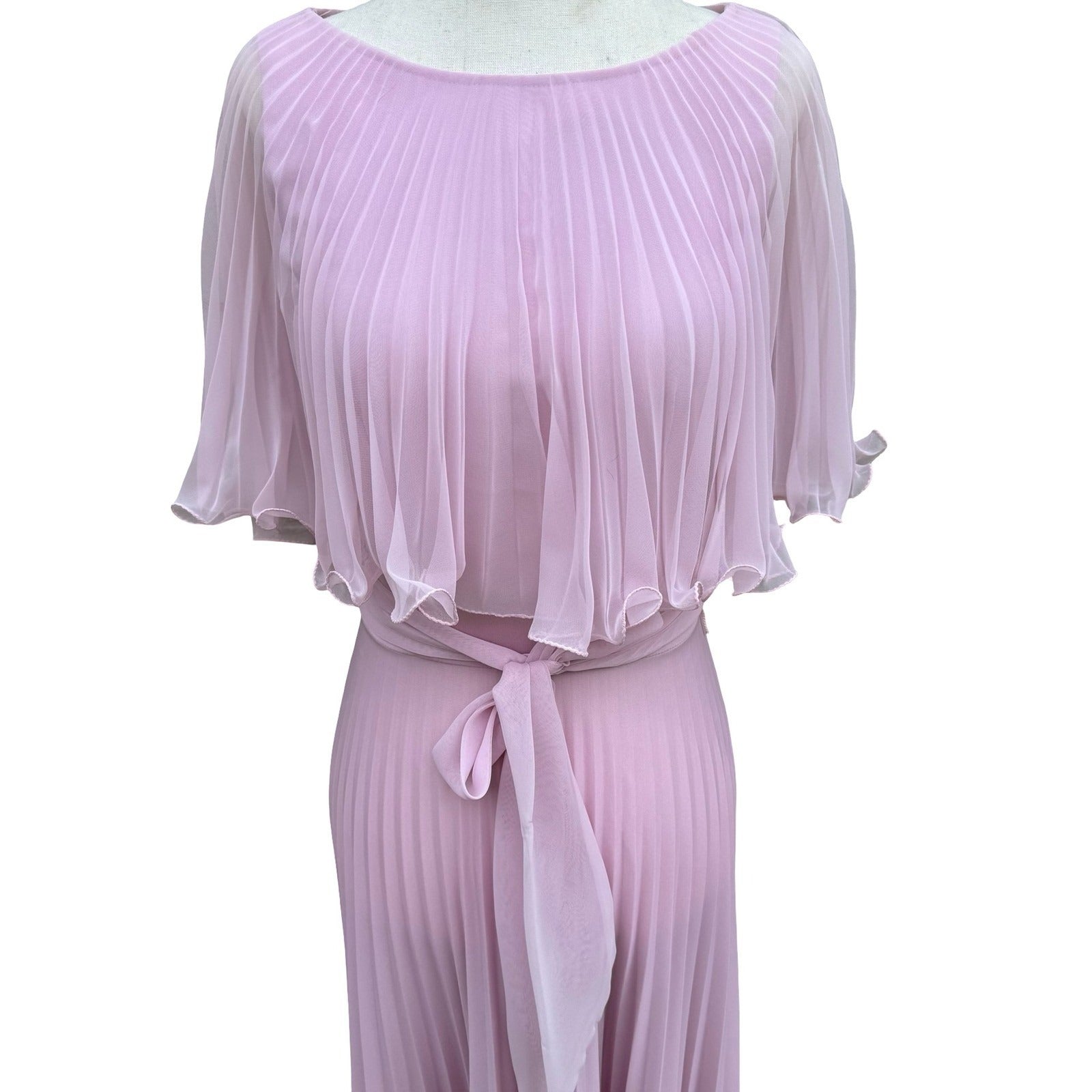 Vintage Goddess Pink Pleated Maxi Dress Capelet Flutter Sleeve Size 8 70s USA