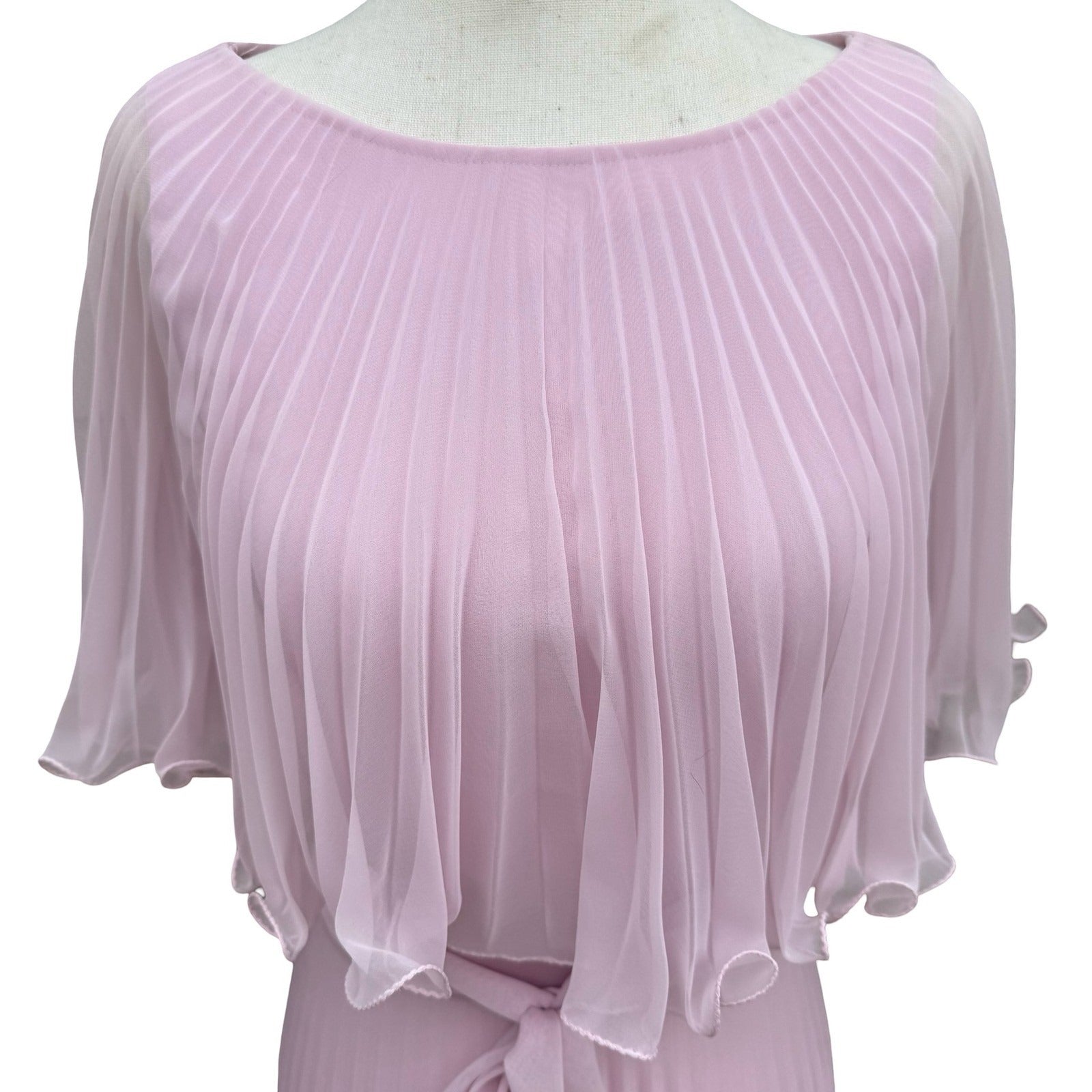 Vintage Goddess Pink Pleated Maxi Dress Capelet Flutter Sleeve Size 8 70s USA