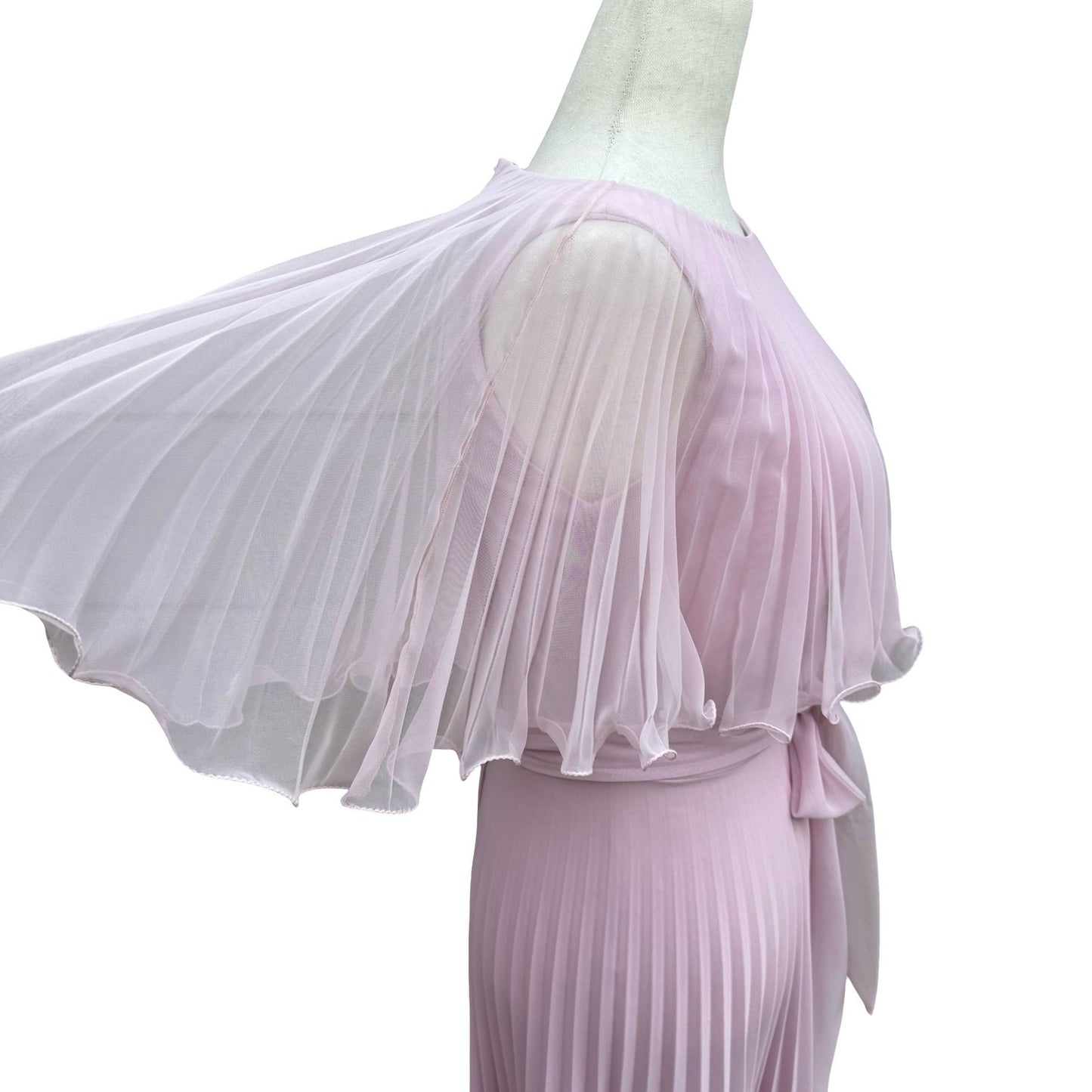 Vintage Goddess Pink Pleated Maxi Dress Capelet Flutter Sleeve Size 8 70s USA