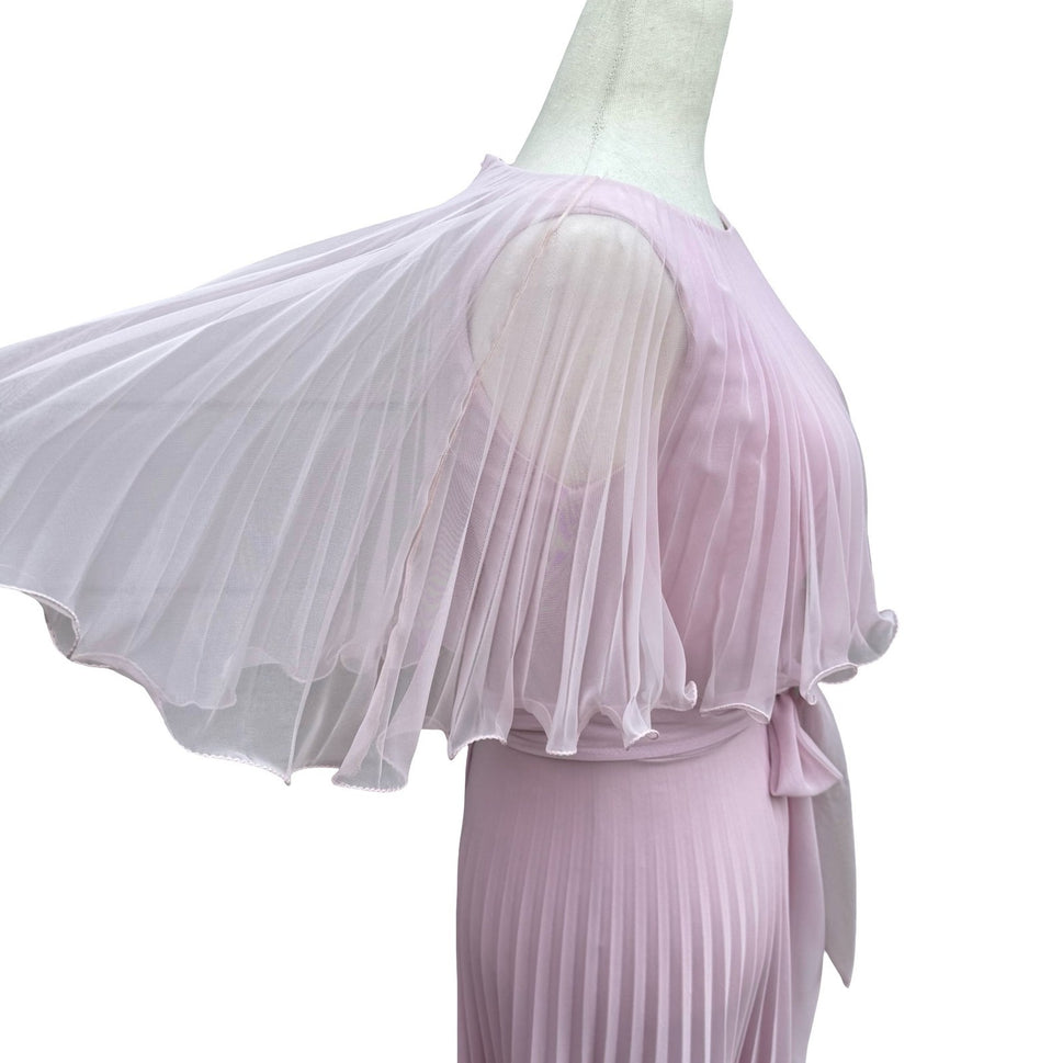 Vintage Goddess Pink Pleated Maxi Dress Capelet Flutter Sleeve Size 8 70s USA