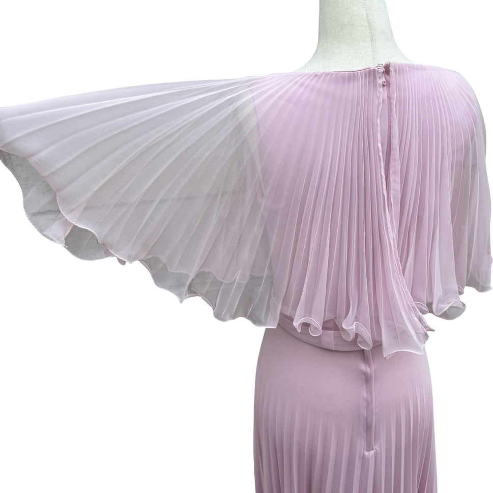 Vintage Goddess Pink Pleated Maxi Dress Capelet Flutter Sleeve Size 8 70s USA
