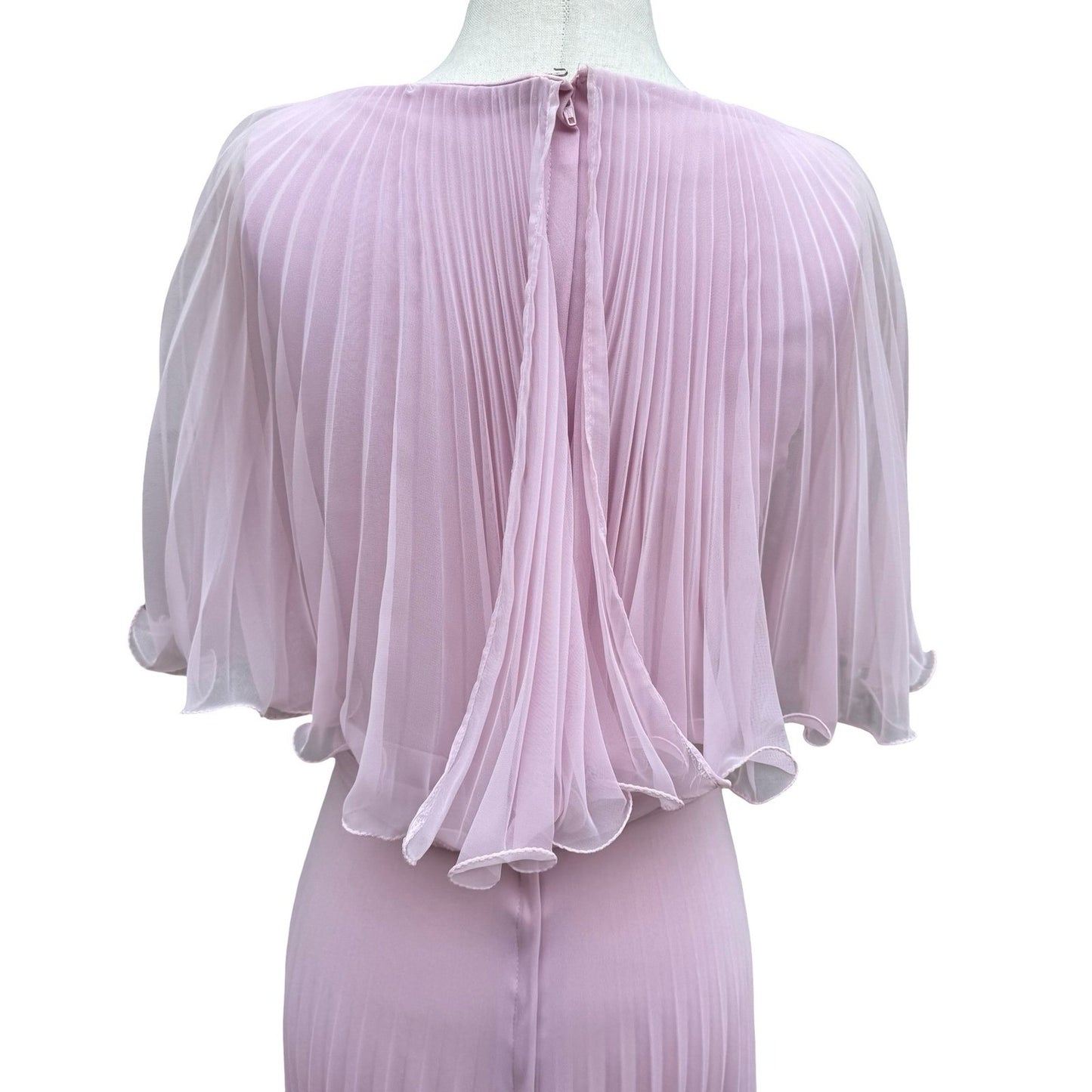 Vintage Goddess Pink Pleated Maxi Dress Capelet Flutter Sleeve Size 8 70s USA