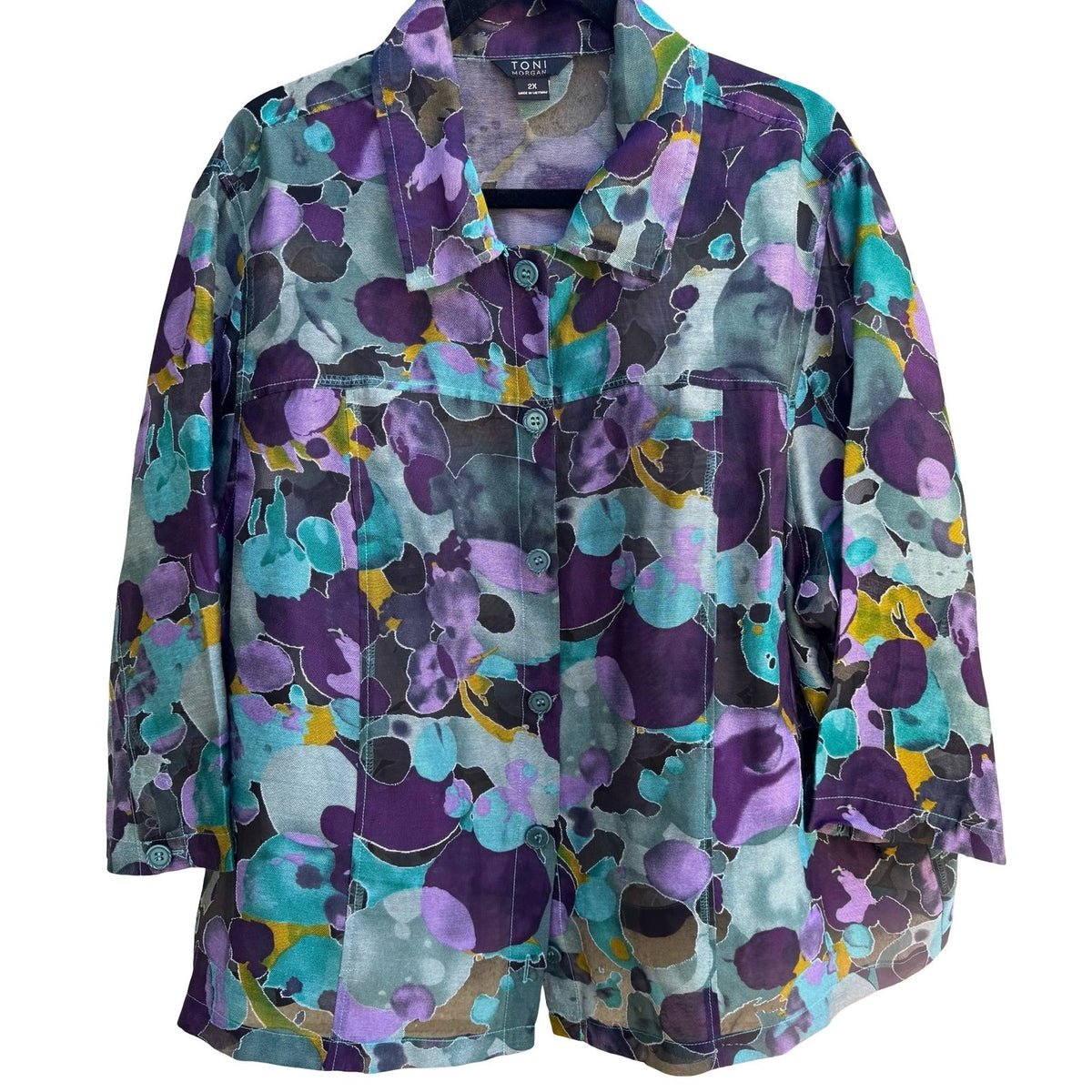 Toni Morgan Abstract Watercolor Boho Lagenlook Layering Sheer Shacket Jacket 2X
