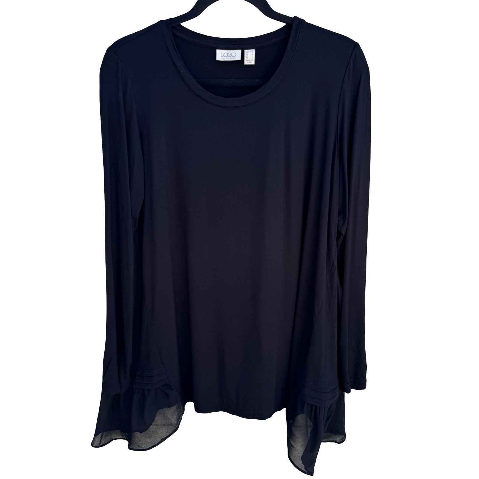 LOGO Lori Goldstein Flowy Black Witchy Tunic Top Ruffle Sharkbite Chiffon Hem M