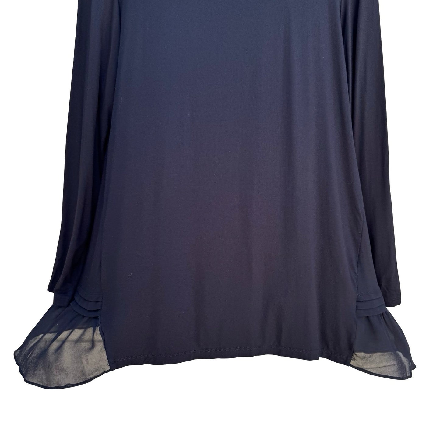 LOGO Lori Goldstein Flowy Black Witchy Tunic Top Ruffle Sharkbite Chiffon Hem M