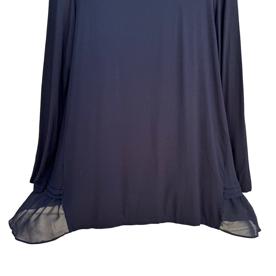 LOGO Lori Goldstein Flowy Black Witchy Tunic Top Ruffle Sharkbite Chiffon Hem M