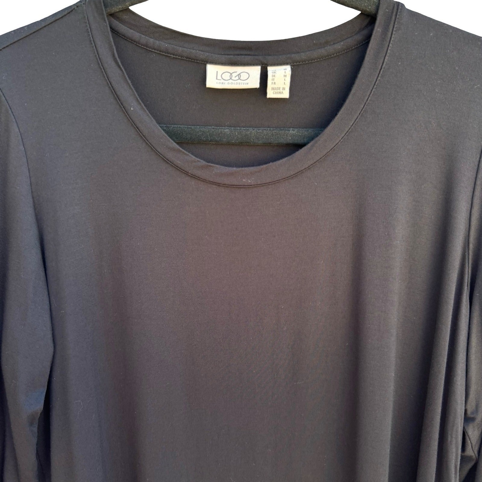 LOGO Lori Goldstein Flowy Black Witchy Tunic Top Ruffle Sharkbite Chiffon Hem M