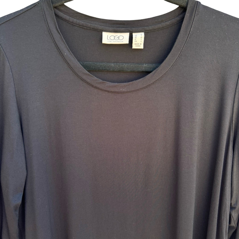 LOGO Lori Goldstein Flowy Black Witchy Tunic Top Ruffle Sharkbite Chiffon Hem M