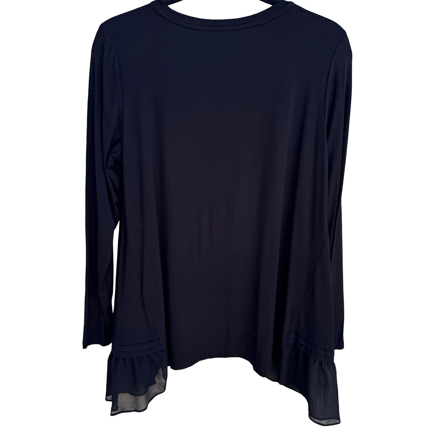 LOGO Lori Goldstein Flowy Black Witchy Tunic Top Ruffle Sharkbite Chiffon Hem M