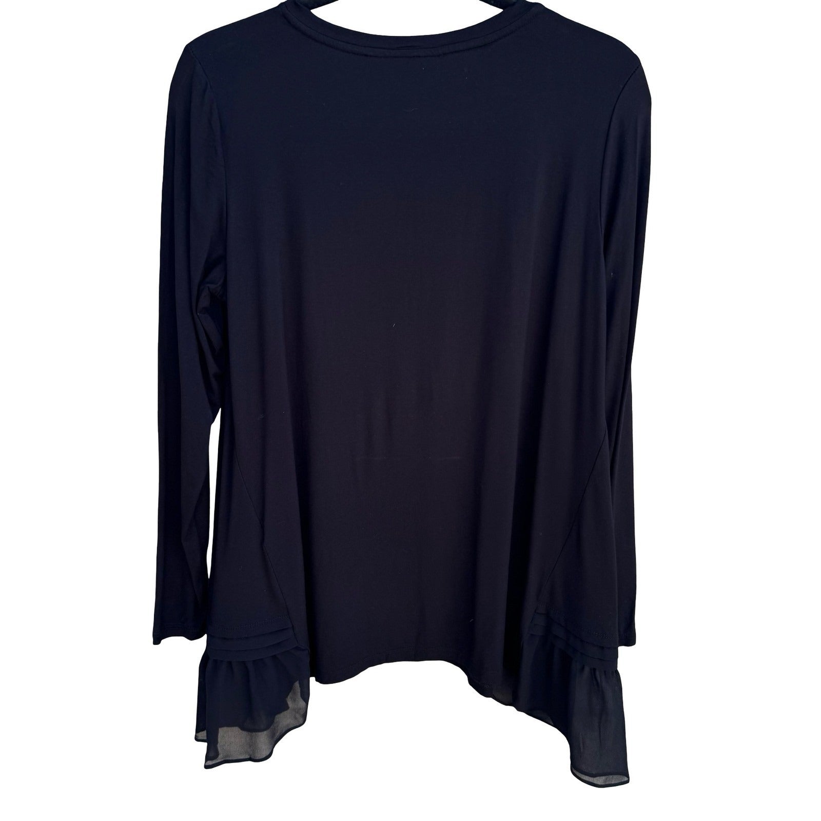 LOGO Lori Goldstein Flowy Black Witchy Tunic Top Ruffle Sharkbite Chiffon Hem M