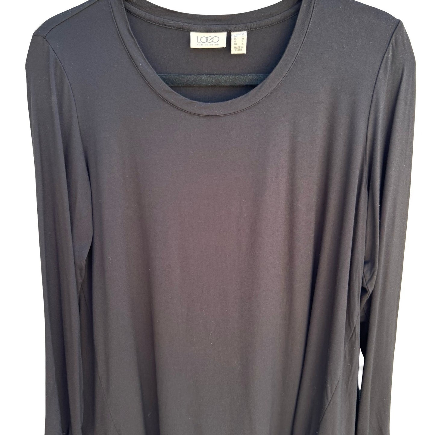 LOGO Lori Goldstein Flowy Black Witchy Tunic Top Ruffle Sharkbite Chiffon Hem M