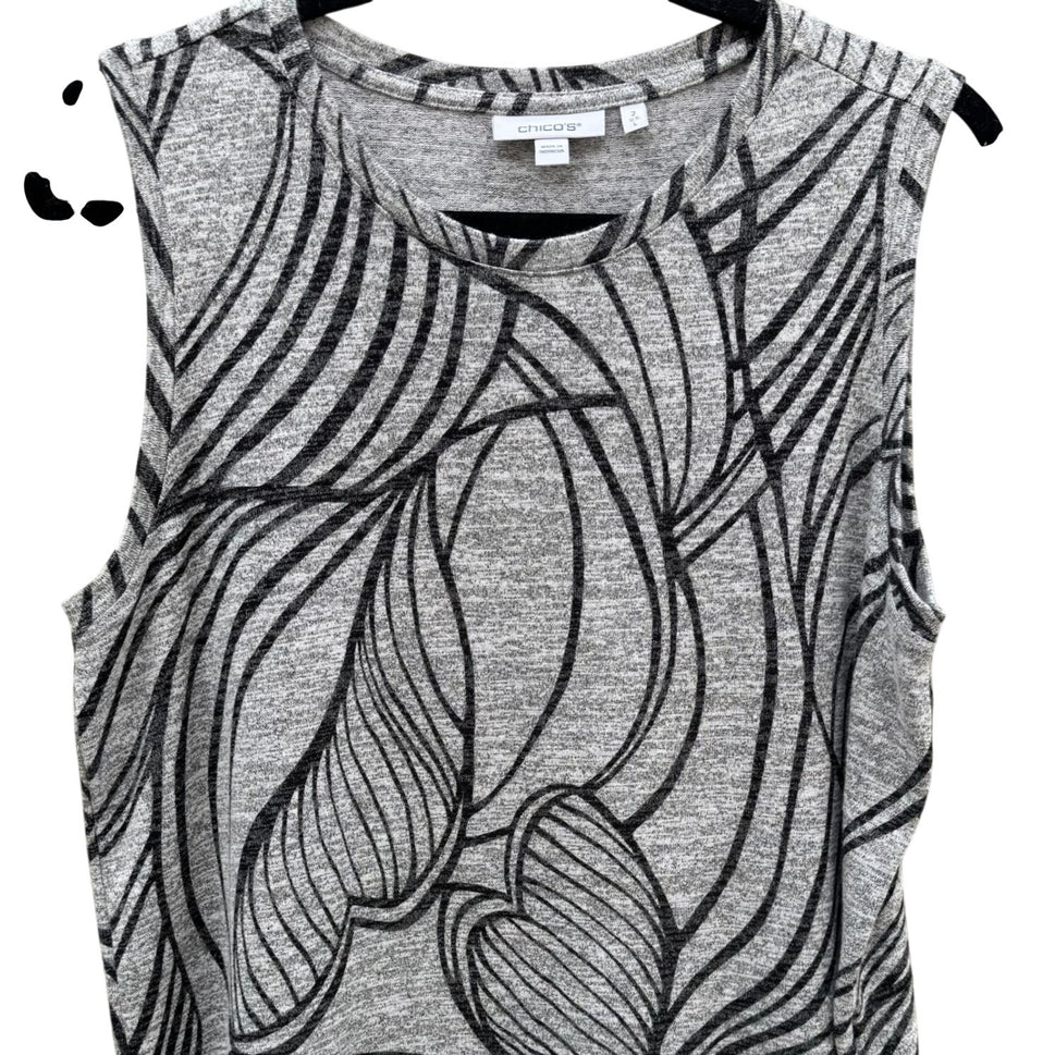 Chicos Womens Sleeveless Gray Black Top Floral Leaf Pattern Large Stretch Office