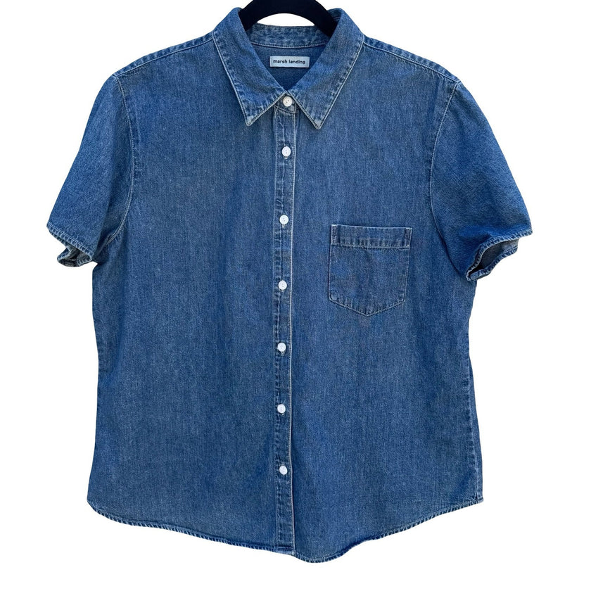 Marsh Landing Blue Denim Short Sleeve Button Up Shirt Womens Large 100% Cotton