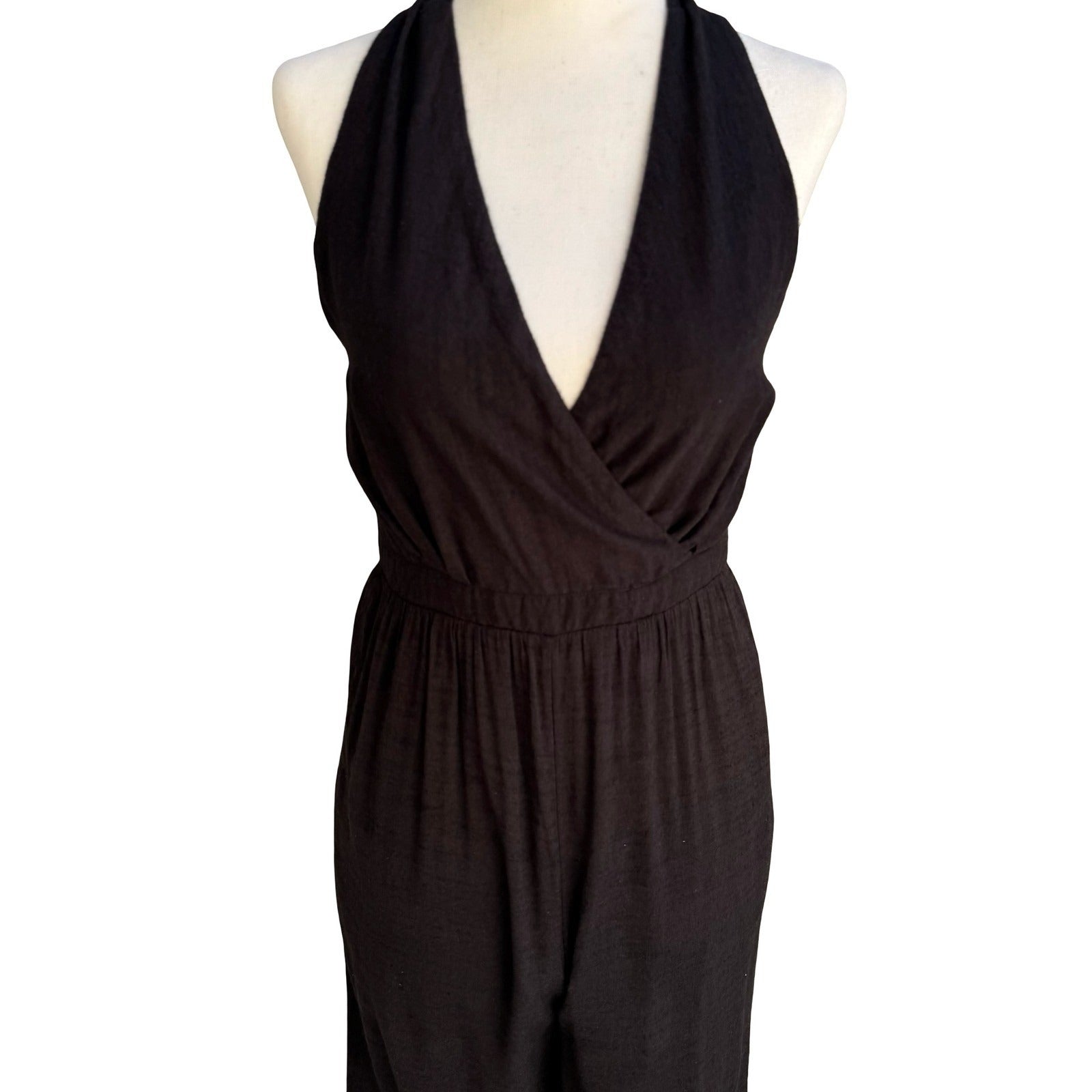 Express Boho Halter Jumpsuit Surplice Wide Leg Cropped Smocked Gauze Crepe S
