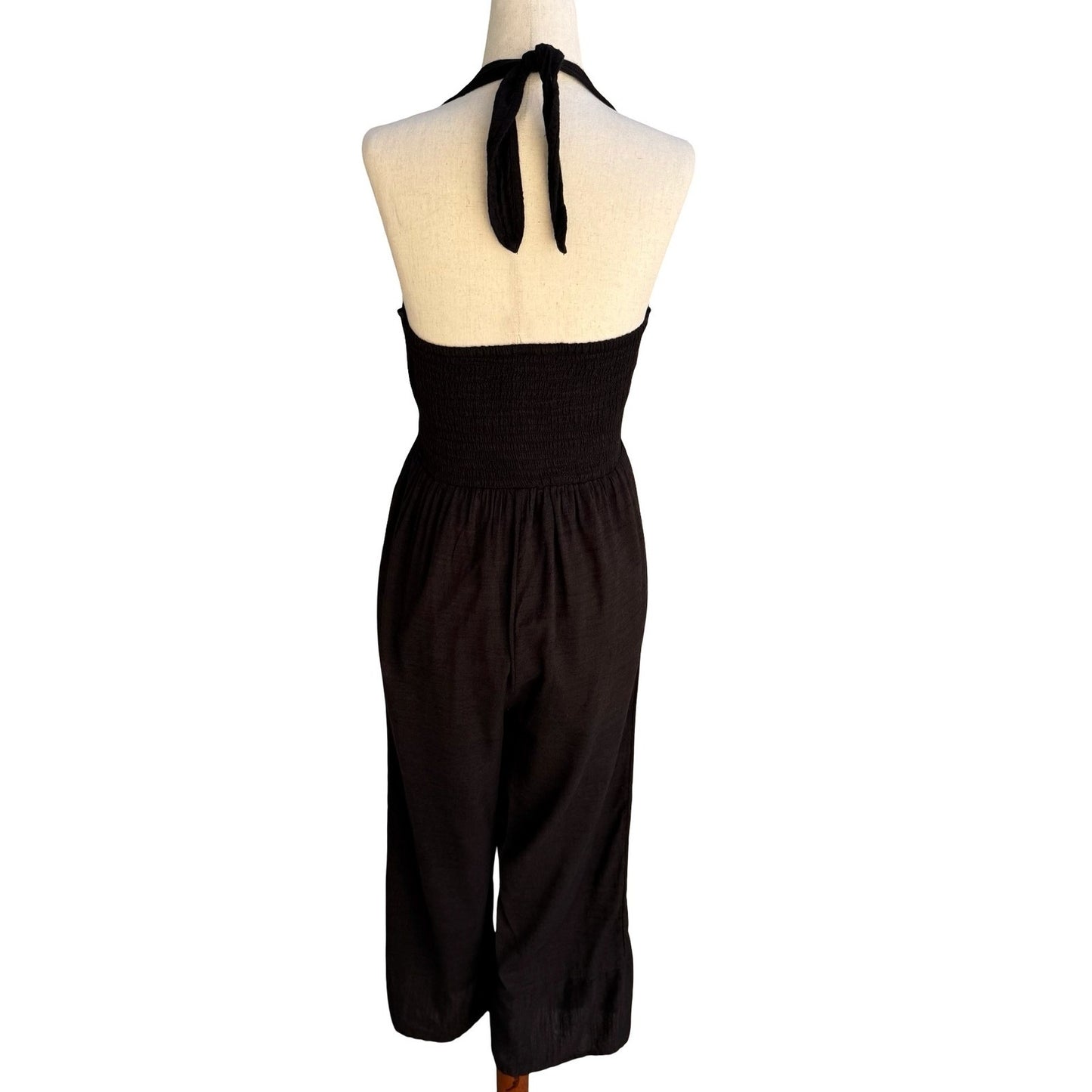 Express Boho Halter Jumpsuit Surplice Wide Leg Cropped Smocked Gauze Crepe S
