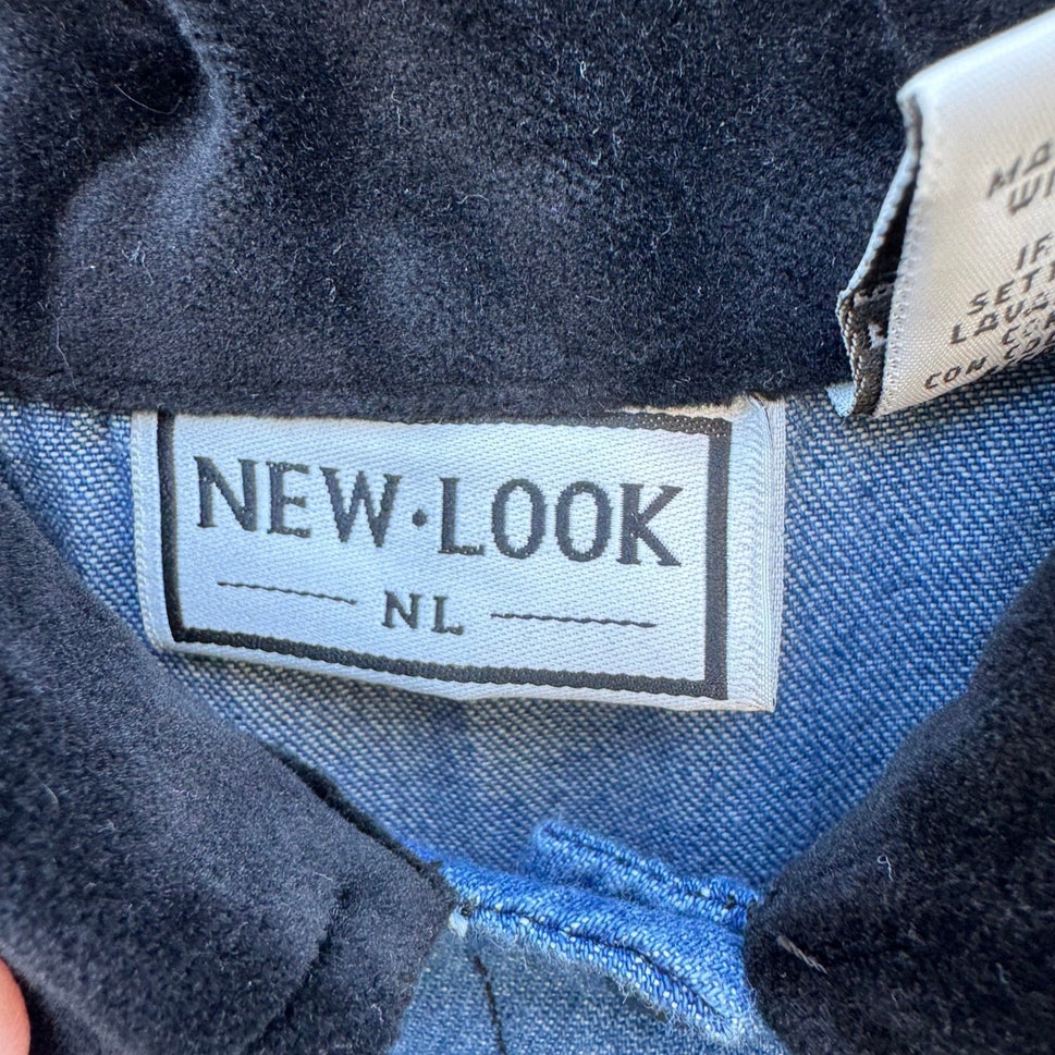 New Look Vintage 90s Denim Shirt Floral Embroidered Velvet Collar M Cottagecore