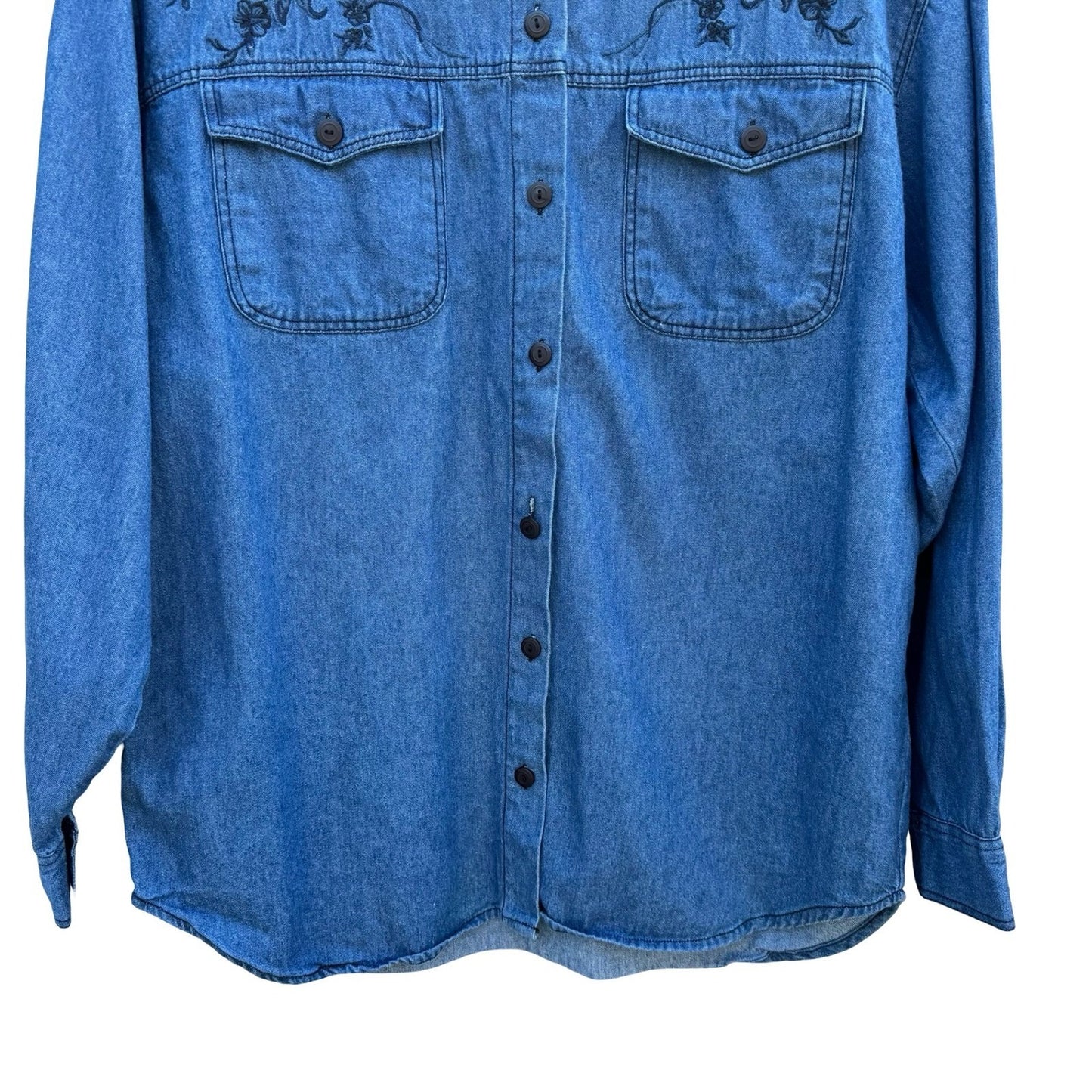 New Look Vintage 90s Denim Shirt Floral Embroidered Velvet Collar M Cottagecore