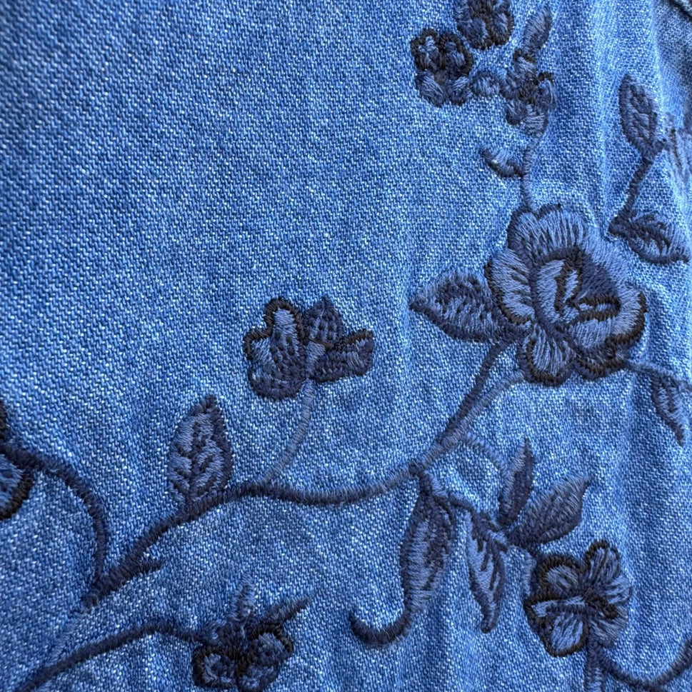 New Look Vintage 90s Denim Shirt Floral Embroidered Velvet Collar M Cottagecore