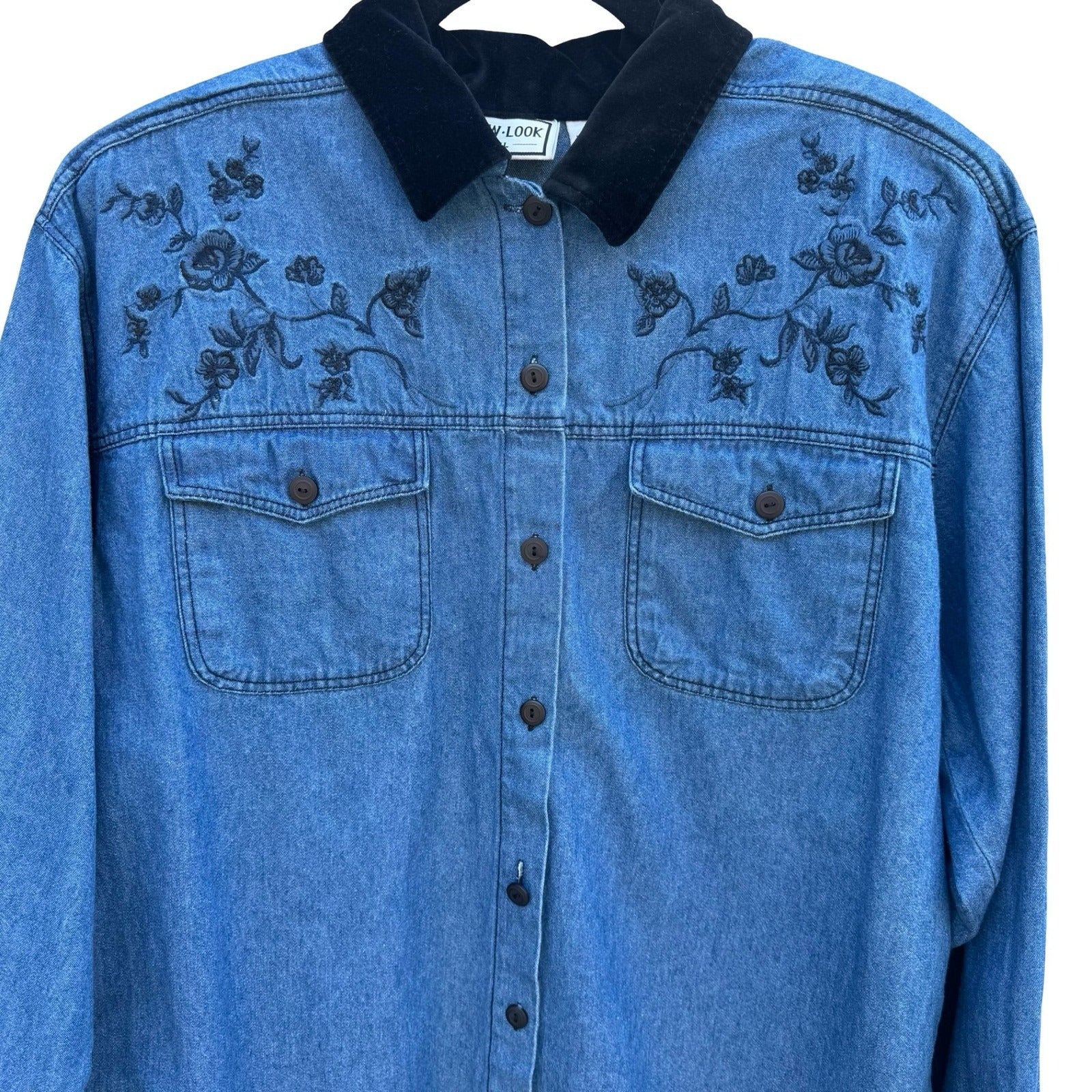 New Look Vintage 90s Denim Shirt Floral Embroidered Velvet Collar M Cottagecore
