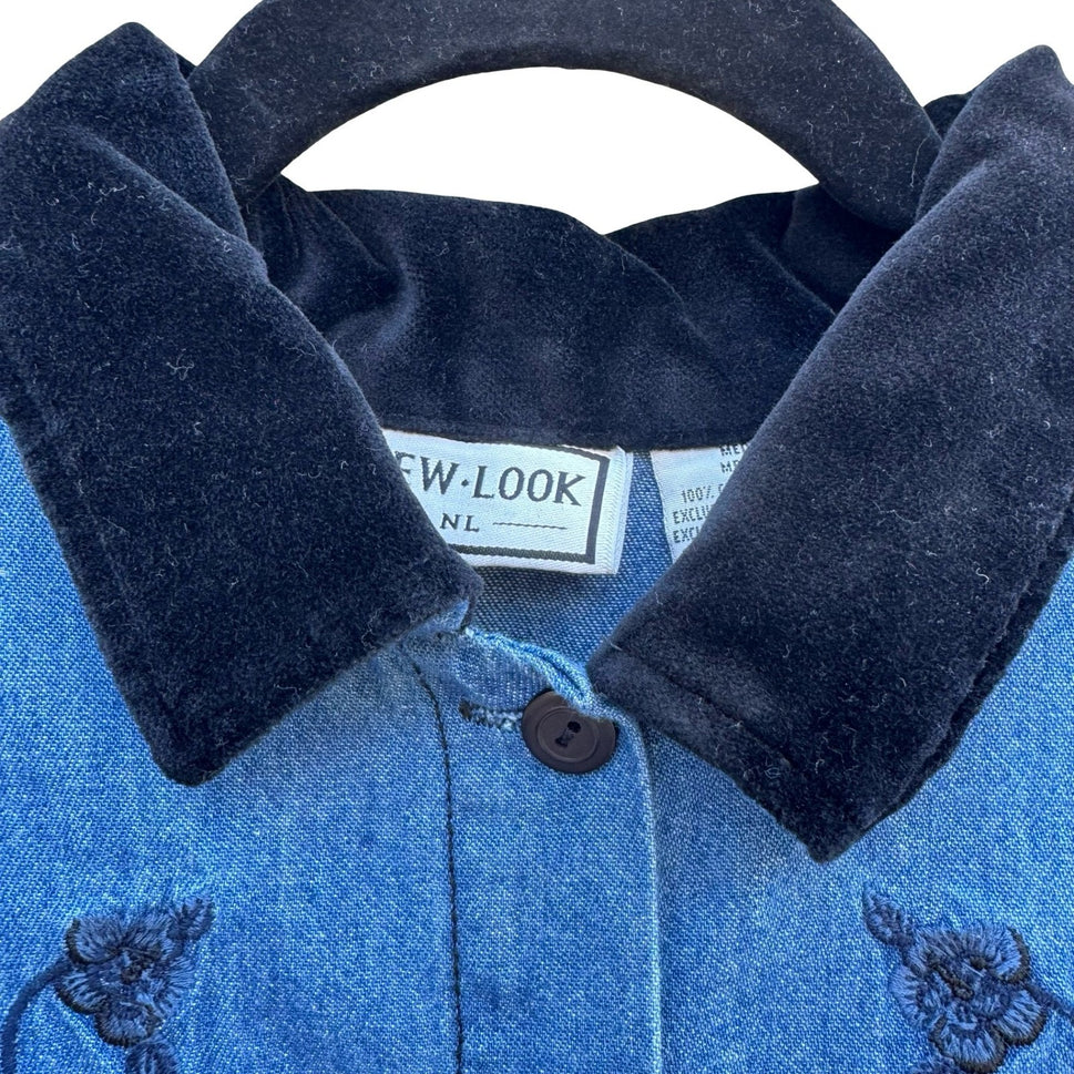 New Look Vintage 90s Denim Shirt Floral Embroidered Velvet Collar M Cottagecore