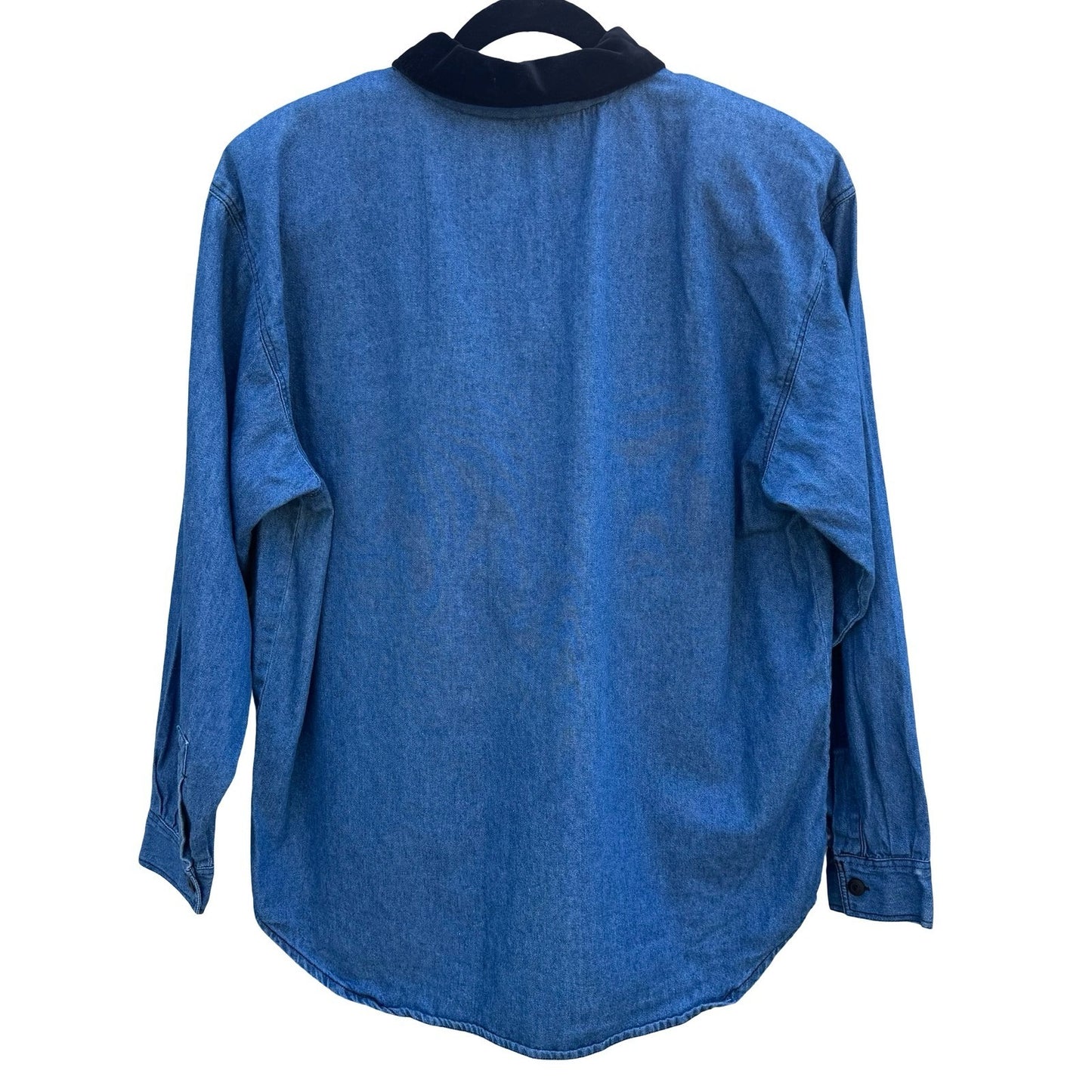New Look Vintage 90s Denim Shirt Floral Embroidered Velvet Collar M Cottagecore