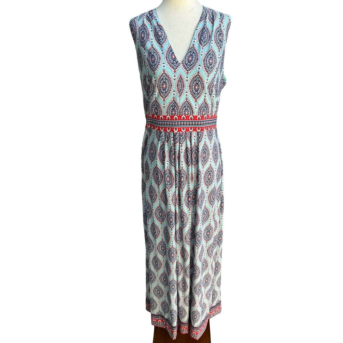 R&K Boho Resortwear Paisley V-Neck Sleeveless Empire Waist Flowy Maxi Dress 16P