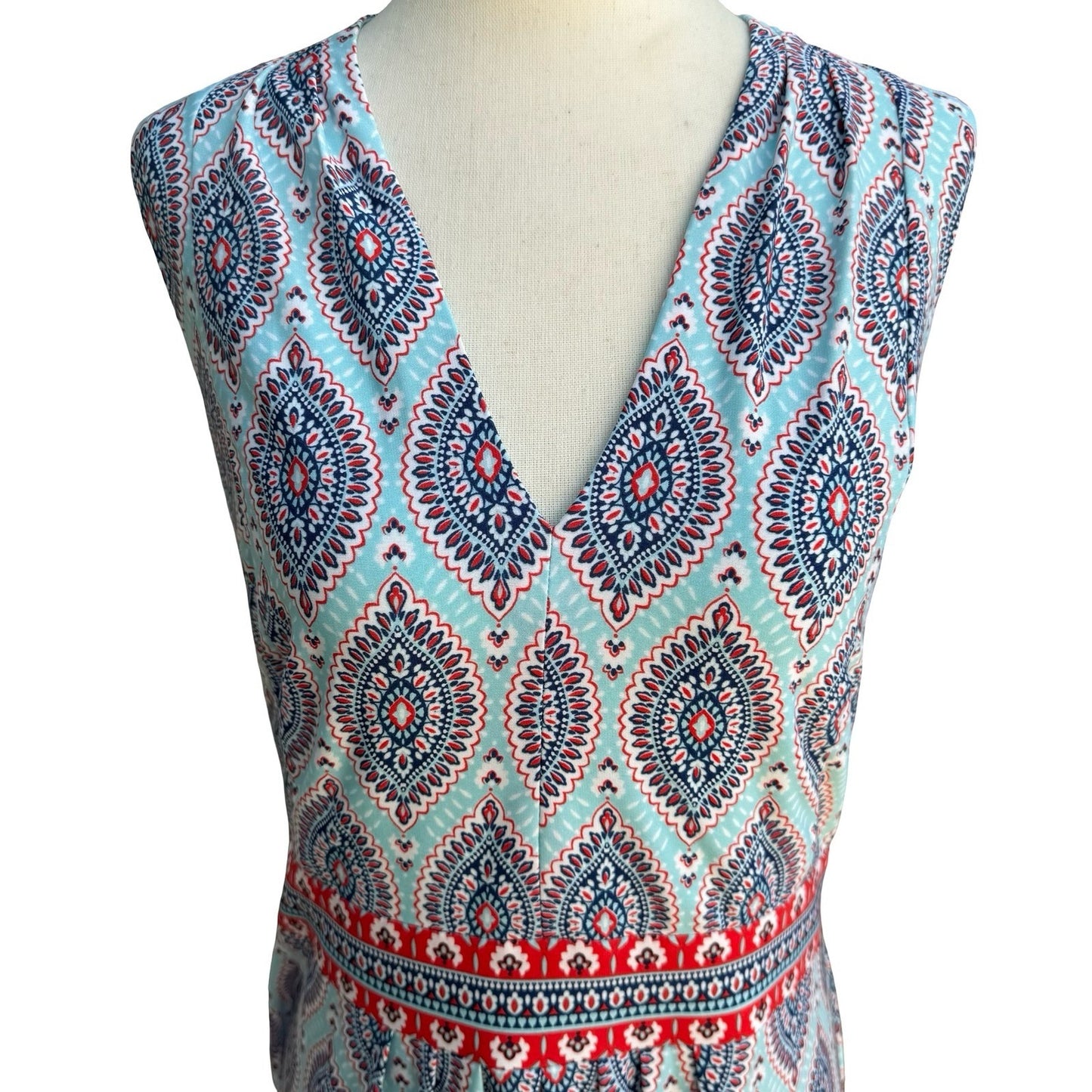 R&K Boho Resortwear Paisley V-Neck Sleeveless Empire Waist Flowy Maxi Dress 16P